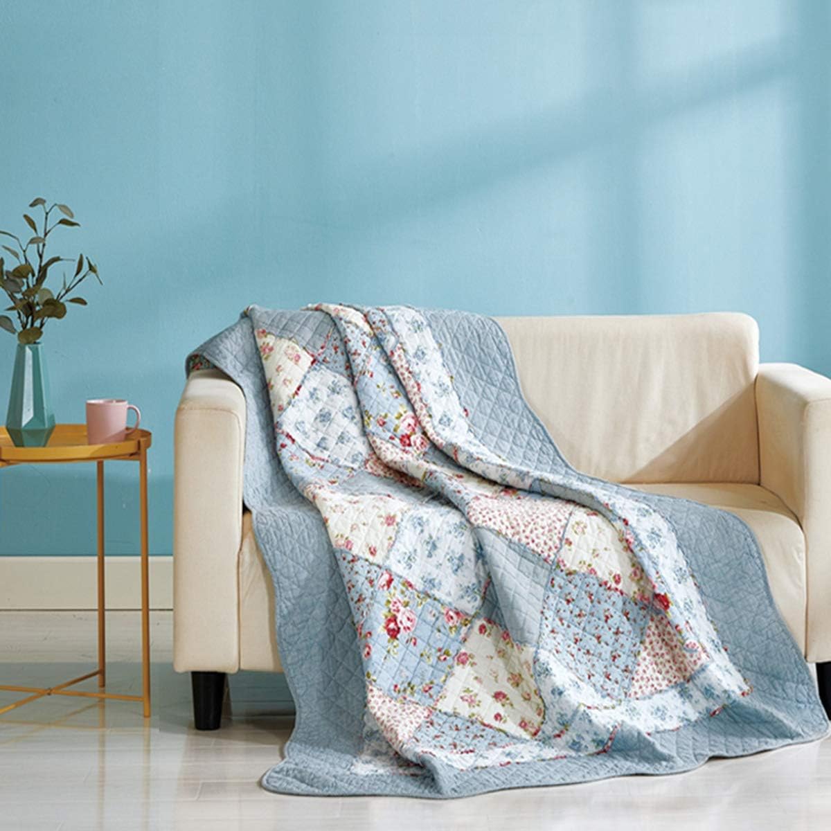 Cozyholy Original 100% Cotton Patchwork Quilt Full Queen Size Blue Floral Bedspread Coverlet Reversible Vintage Shabby Chic Quilted Throw Blanket Bed Quilt Cover for Couch Sofa