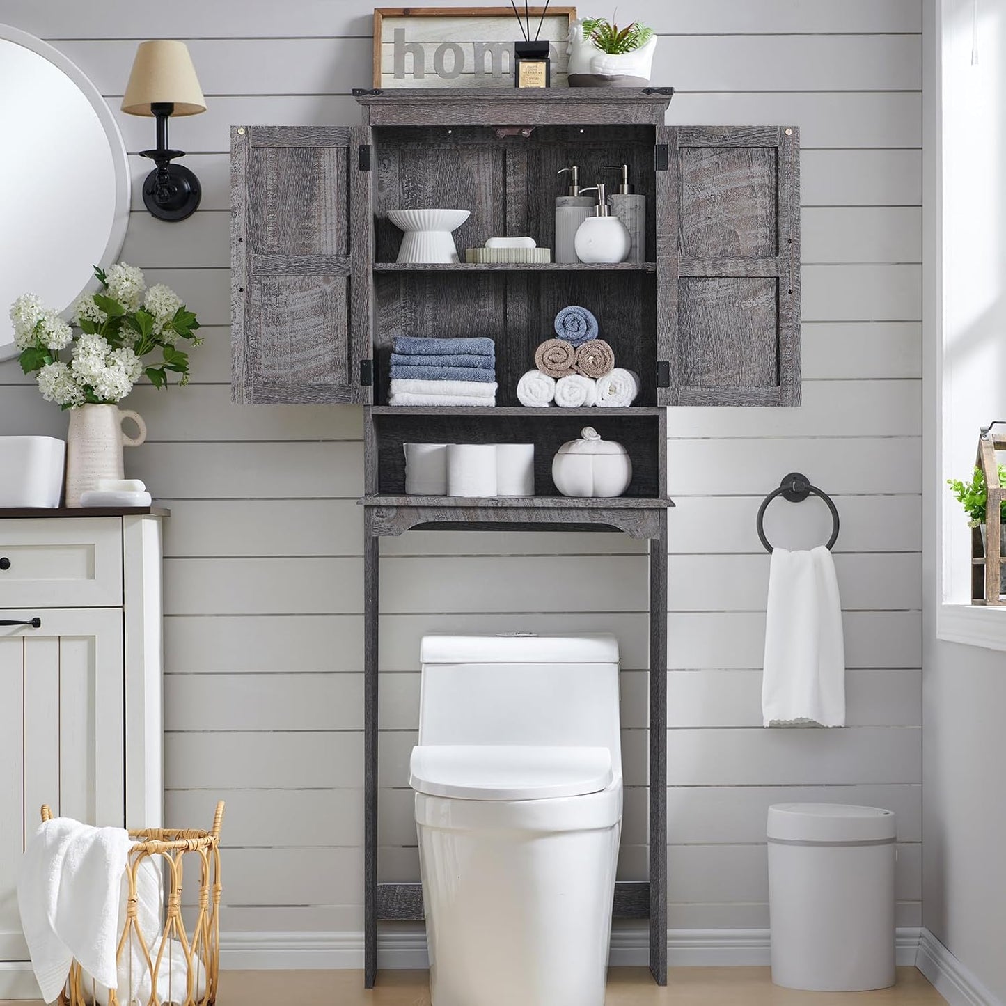 ACCOHOHO Over The Toilet Storage Cabinet, Farmhouse Bathroom Cabinet with Adjustable Shelf & Barn Door, 67" Tall Over The Toilet Shelf, Grey Wash