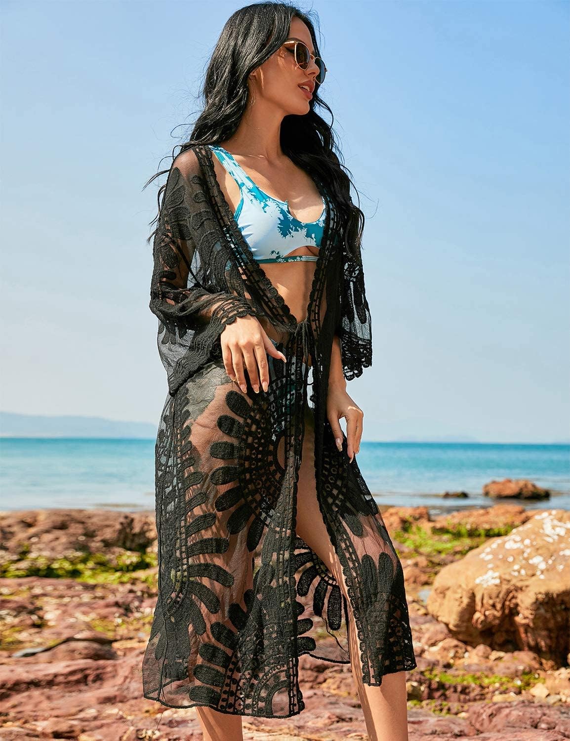 Blooming Jelly Womens Bathing Suit Cover Up 3/4 Sleeve Mesh Swimsuit Coverup Long Floral Beach Lace Kimono Summer Cardigan