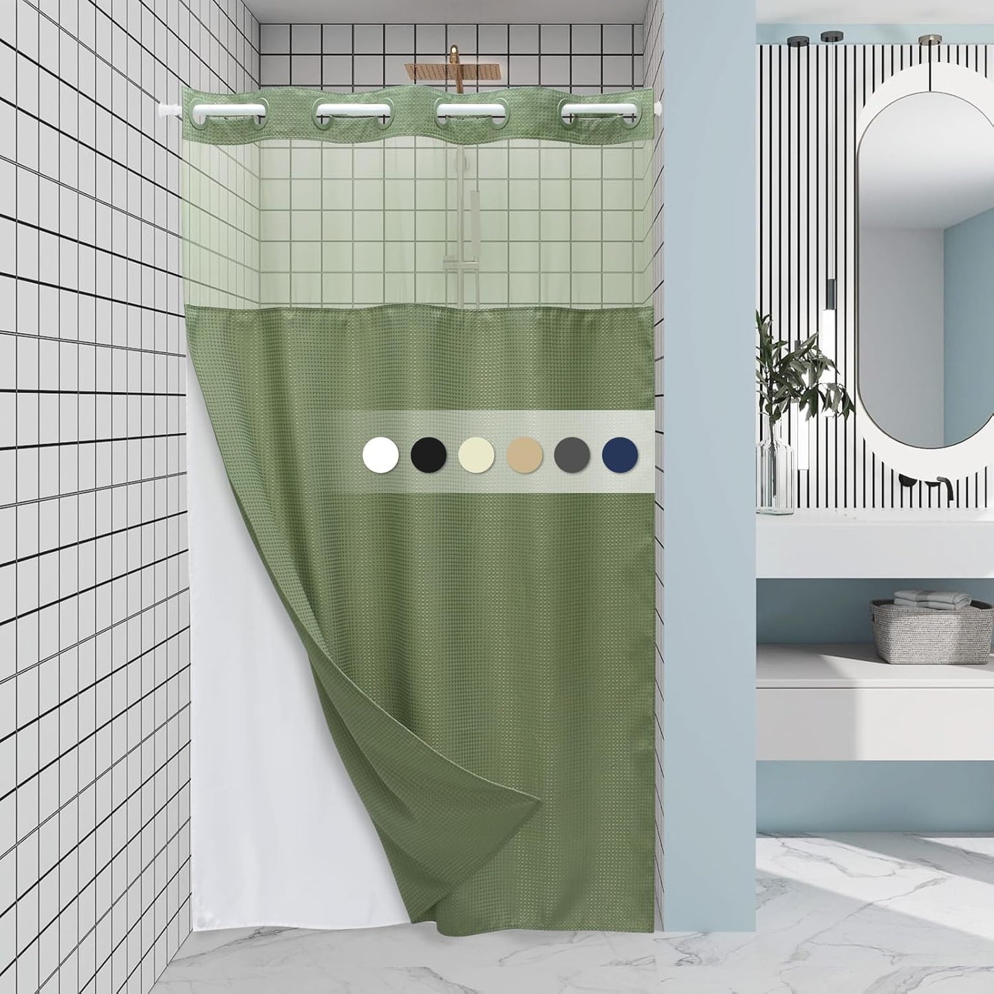 Sage Green Stall Hotel Shower Curtain - 230GSM Waffle Textured Heavy Duty Thick Fabric Shower Curtains for Bathroom,54W x 80H