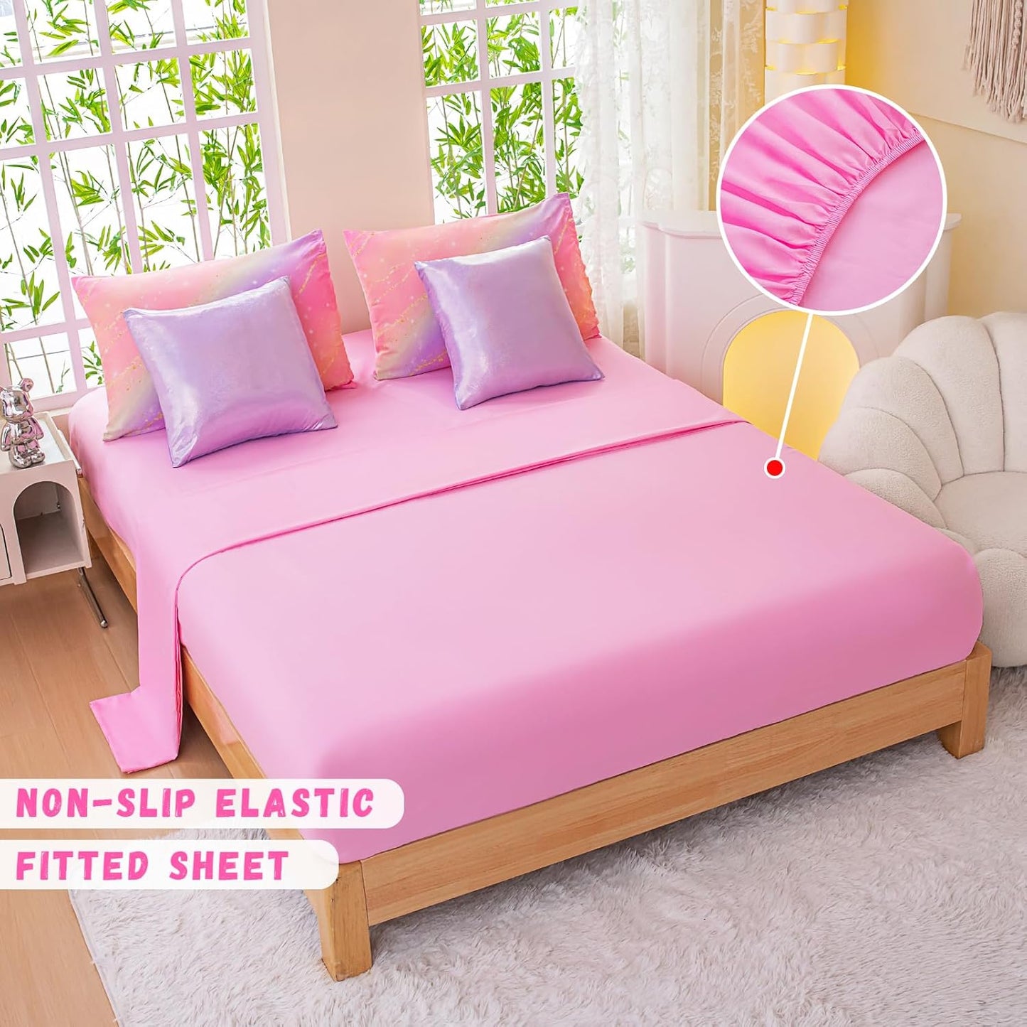 Rainbow Bedding Set Full Size – 7 Piece Reversible Girls Comforter with Deep-Pocket Sheet, Gradient Galaxy Design, Whole-Piece Filling, Machine Washable Bed-in-a-Bag for Kids Room Makeover & Gifts