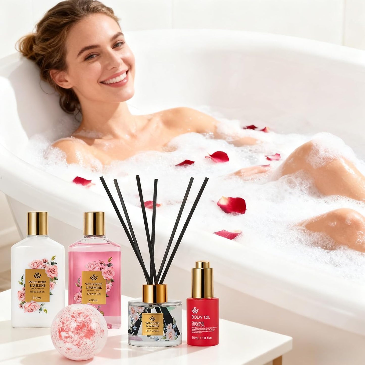 35 Pcs Christmas Gift for Women, Red Rose Bath and Body Basket Gift, Face Skin Care Kit, Home Spa Self Care, Lip Gloss, Diffuser, Necklace, Birthday, Valentines, Mother Day, Bridal Shower, Anniversary