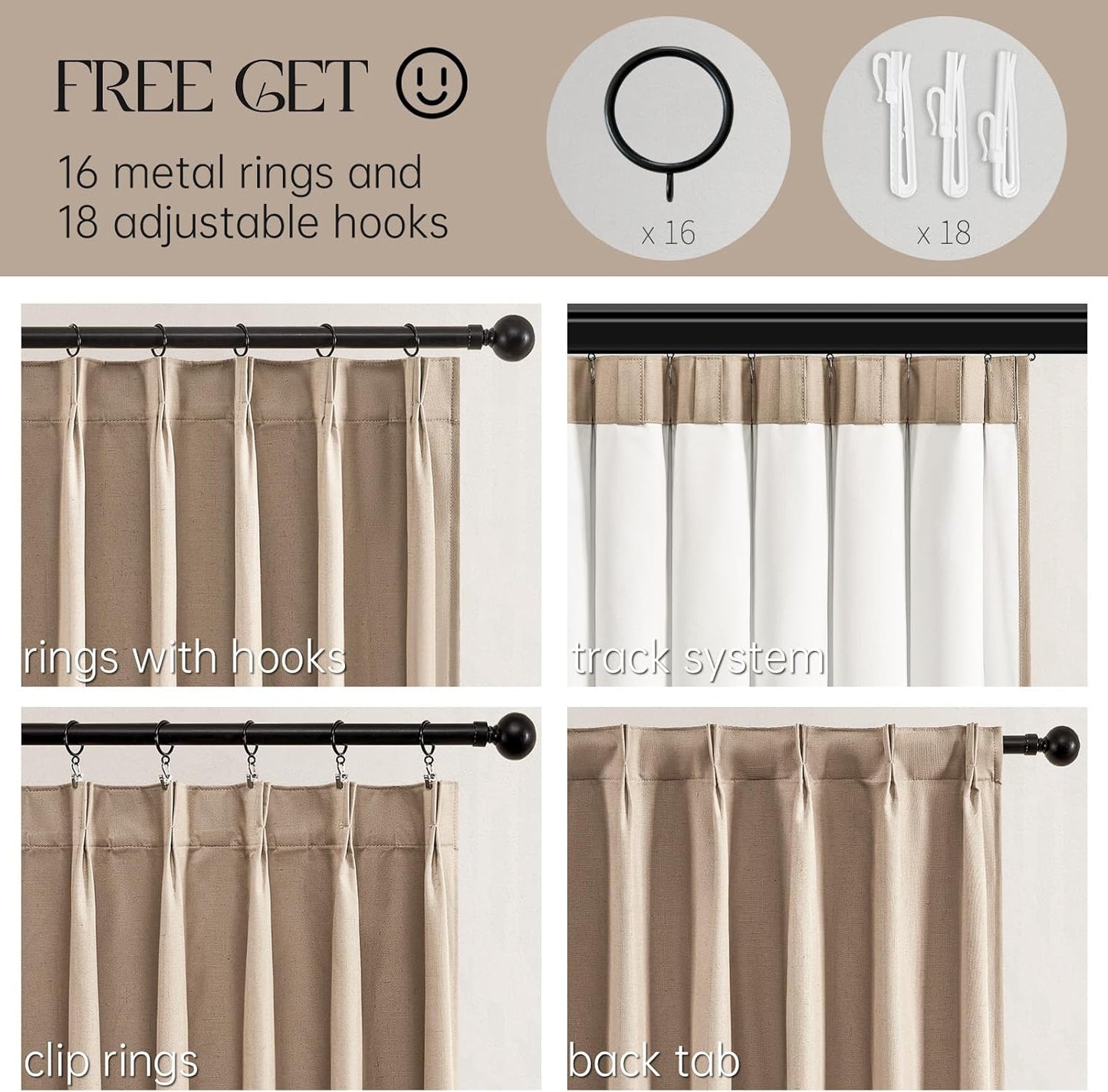 Topfinel Extra Long Total Blackout Linen Curtains 108 Inches Long for Living Room Large Window with Hooks Rings, Pinch Pleated Cold Blocking Acoustic Heavy Taupe Track Curtains 2 Panels 9 FT