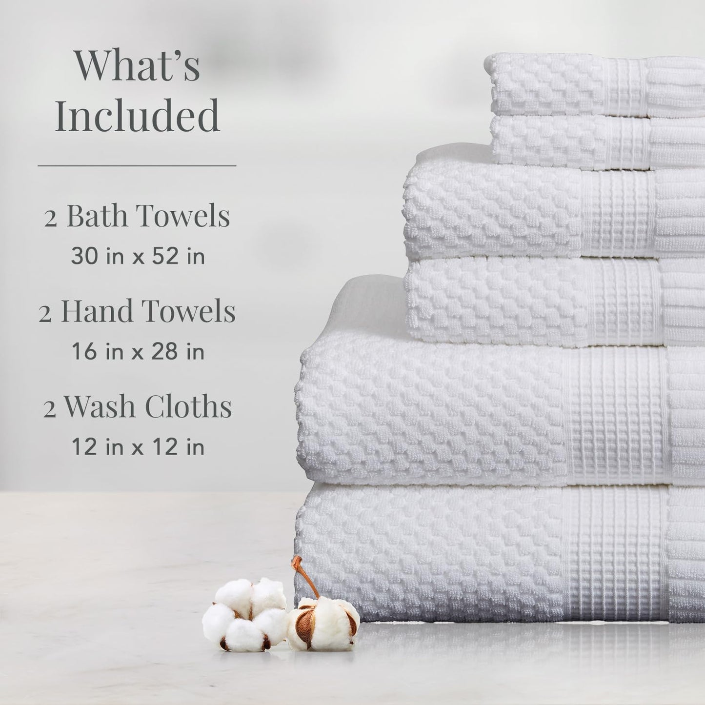 NY Loft 100% Cotton Bath Towel Set | 6 Piece Set - White Towels | Absorbent & Quick-Dry Bath Towels | Textured & Durable Cotton | Trinity Collection - Bright White