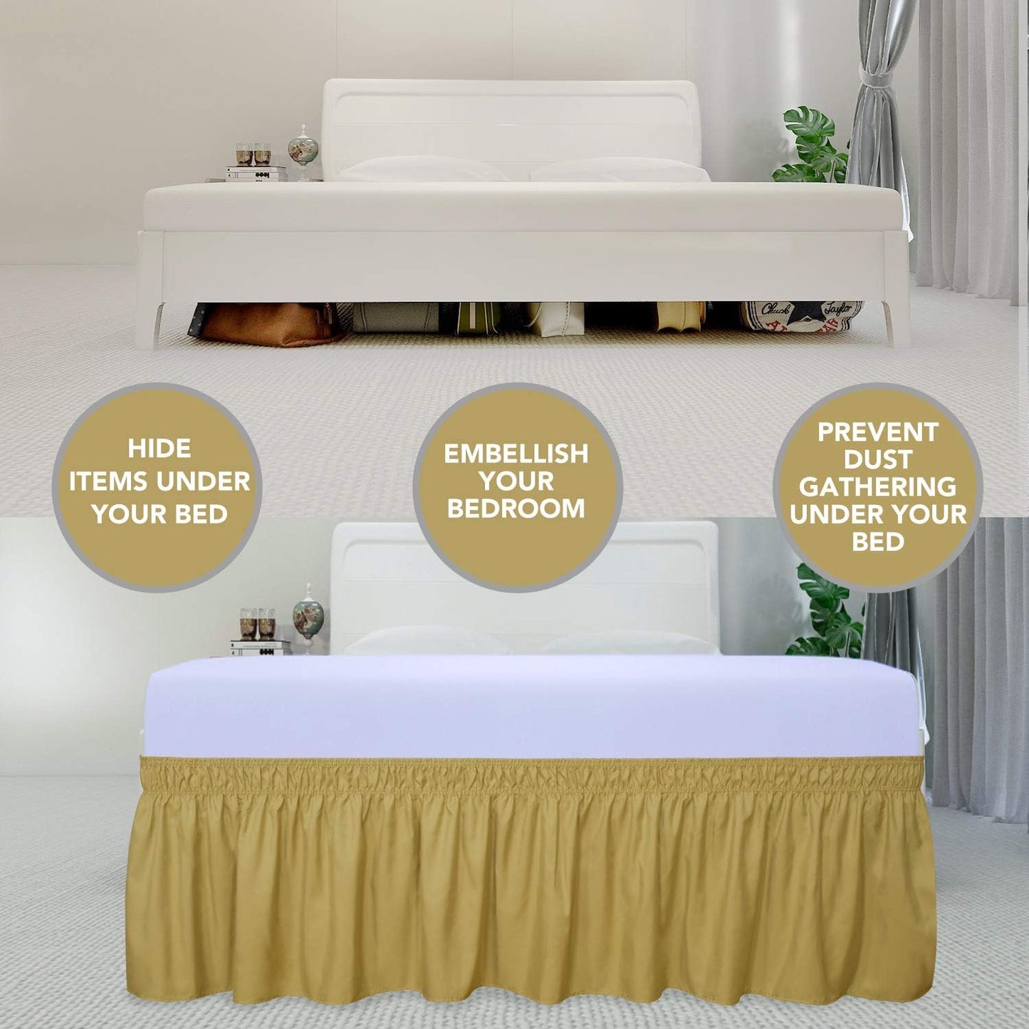 PureFit Wrap Around Ruffled Bed Skirt with Adjustable Elastic Belt - 18 Inch Drop Easy to Put On, Wrinkle Free Bedskirt Dust Ruffles, Bed Frame Cover for Twin,Twin XL and Full Size Beds, Gold