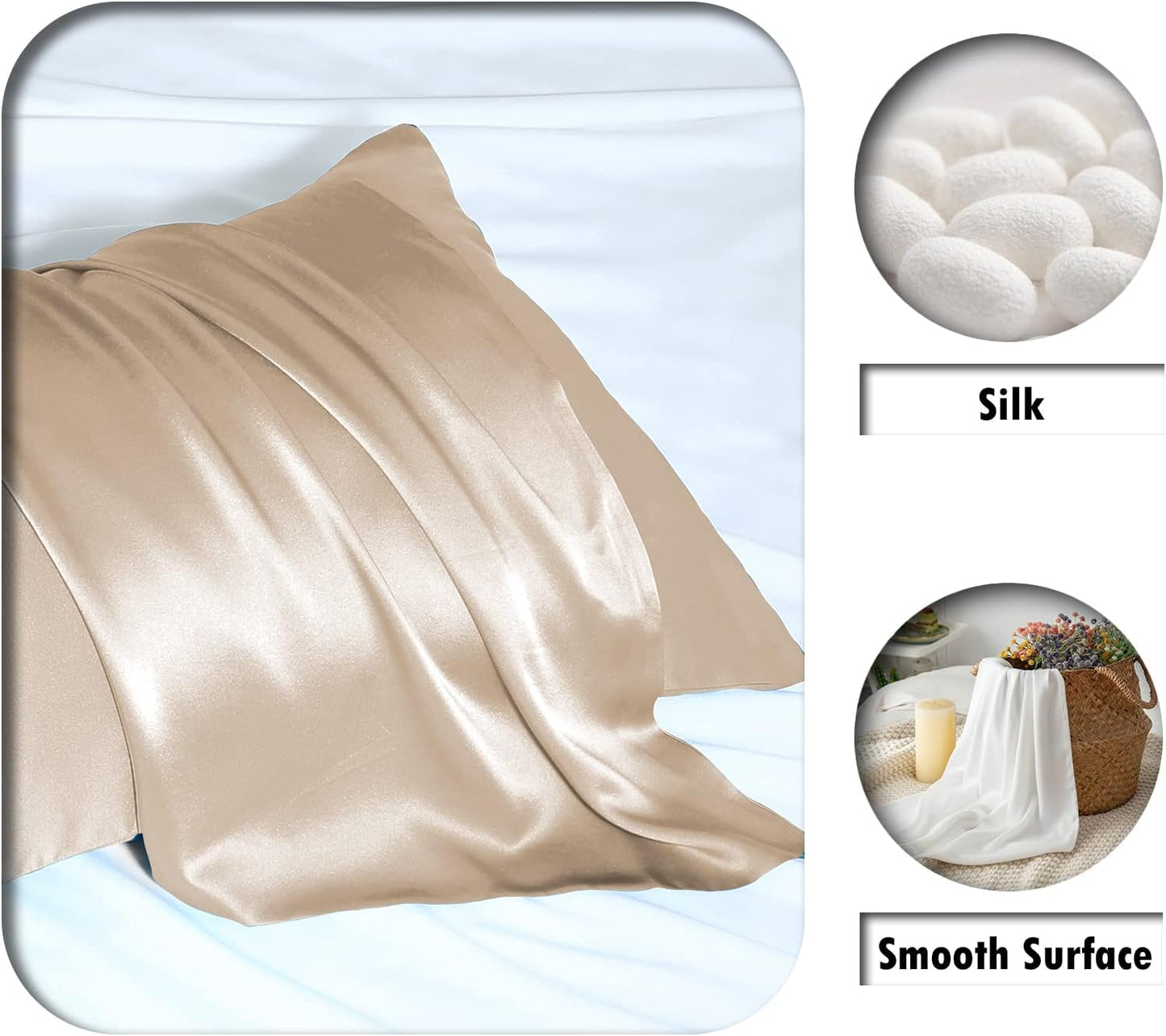 Natural Mulberry Silk Pillowcase for Hair and Skin Queen Size 20"X30" Silk Pillow Case with Hidden Zipper Soft Breathable Smooth Cooling Silk Pillow Covers for Sleeping(Champagne,Queen,1Pcs)