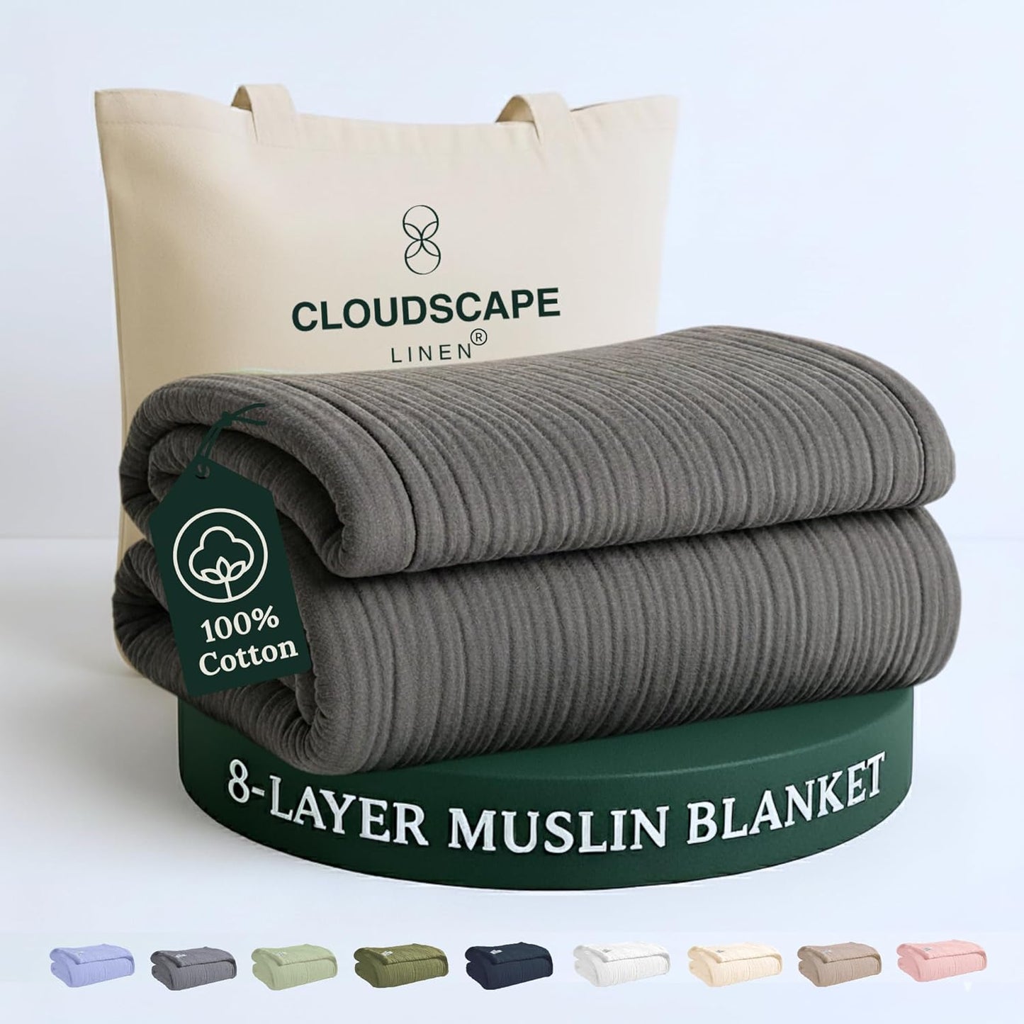 Cloud Scape Linen 8-Layer Muslin Blanket King Size for Adult - 100% Cotton, Breathable and Soft, Perfect Winter Cozy Blanket, Fits up to California King Bed, 92x108, Dark Grey