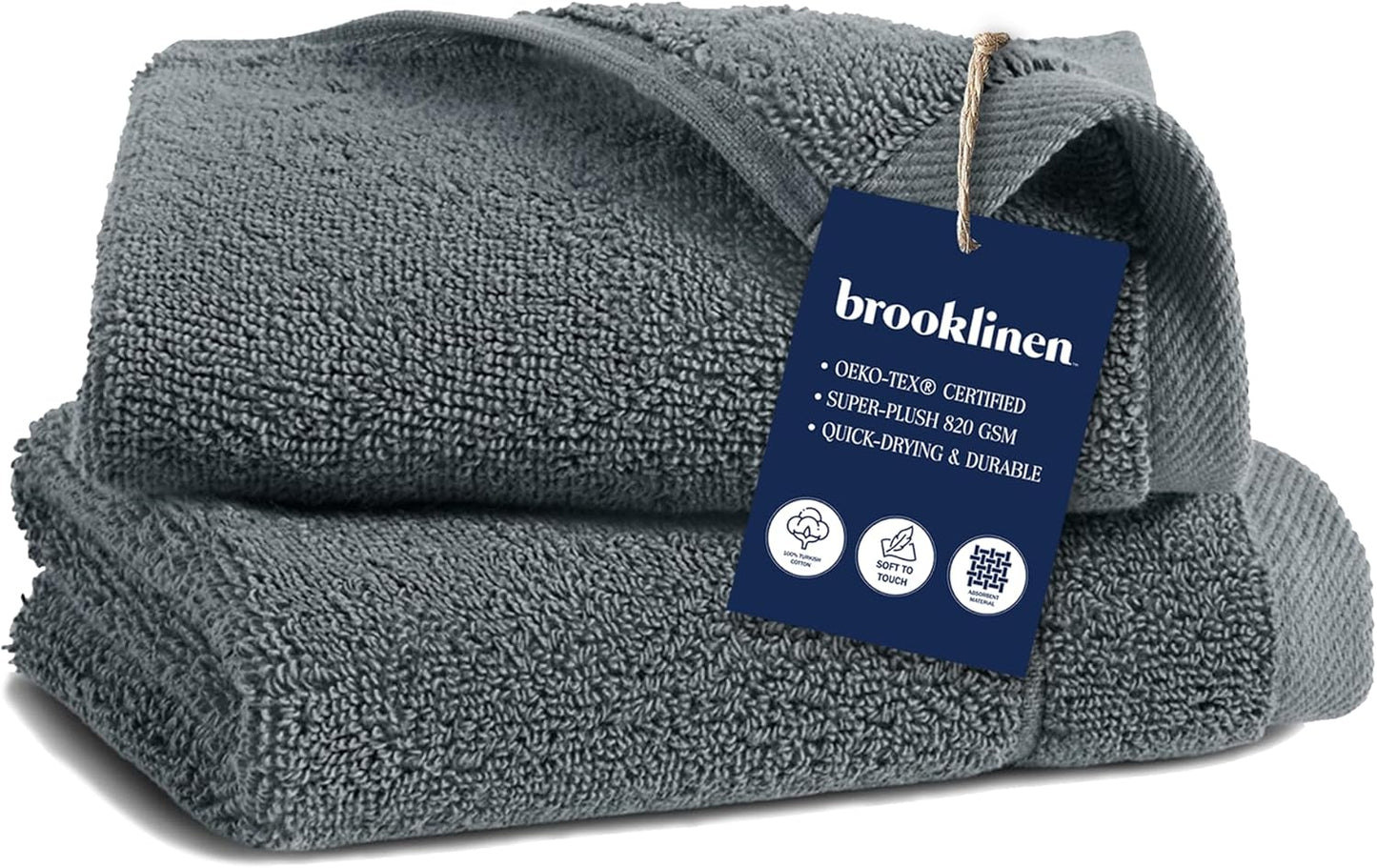 Brooklinen Super-Plush Turkish Cotton Washcloths Set of 2 Cotton, 820 GSM, Highly Absorbent, Machine Washable, Perfect for Home & Bathroom (13" x 13", Slate Grey)