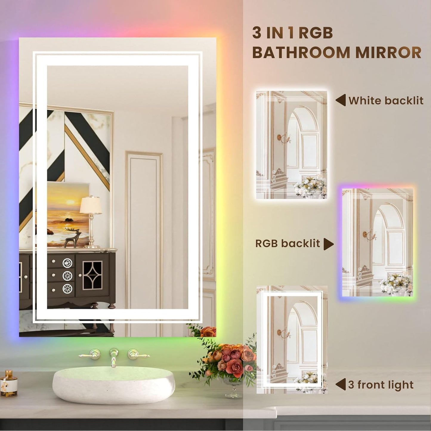 WTTY RGB LED Bathroom Mirror 30"x36" with Backlit and Front Light,Stepless Dimmable LED Mirror for Bathroom,Lighted Bathroom Vanity Mirror for Wall,Anti-Fog,Memory Function,Shatter-Proof