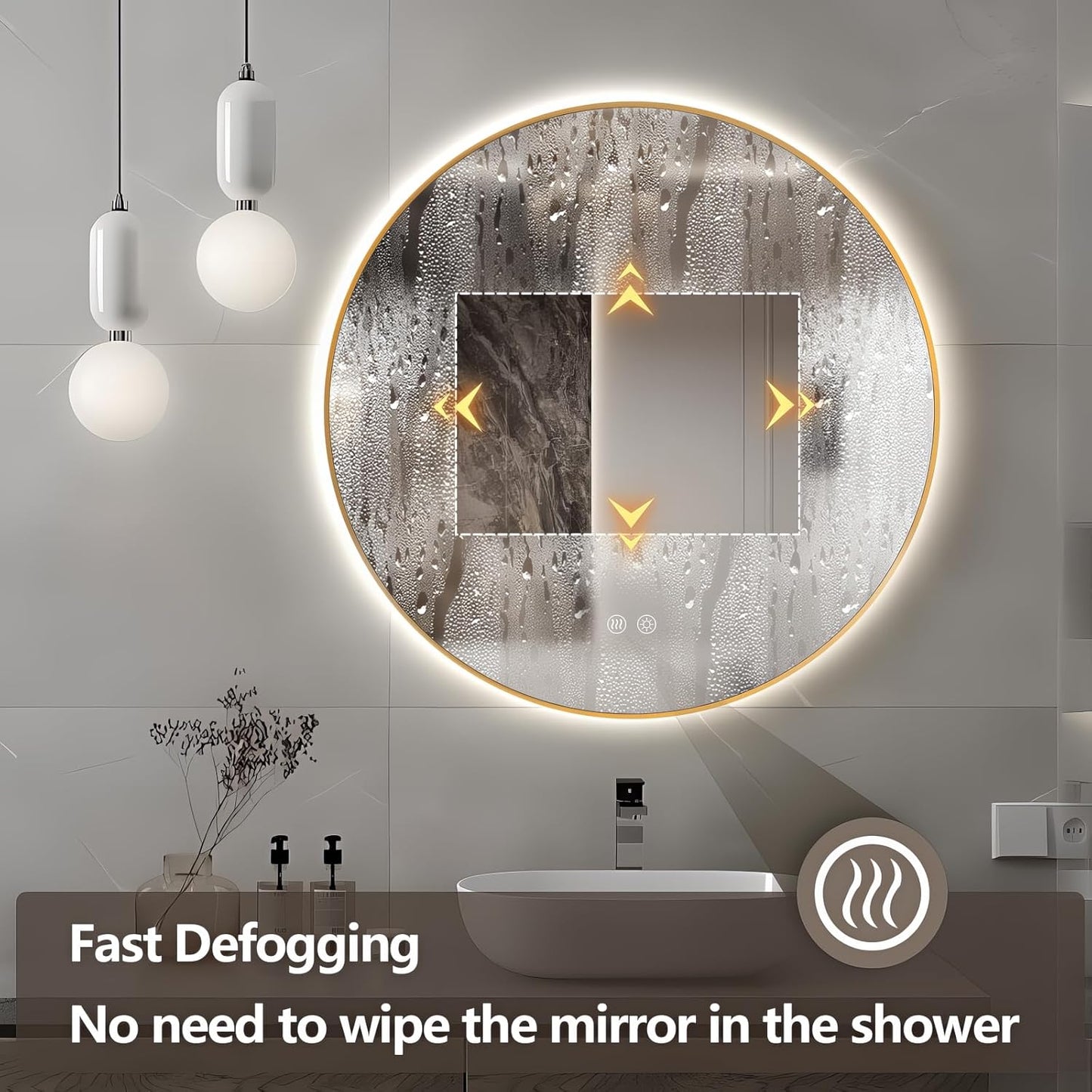 Niccy Round Led Mirror for Bathroom, 28" Backlit Mirror for Wall Circle Lighted Mirror with Gold Frame Anti-Fog, 3 Colors, HD Glass and IP65 Waterproof