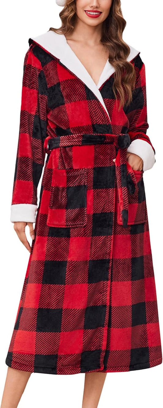Ekouaer Womens Plush Robes Long Soft Jacquard Fluffy Bathrobe Hooded Robe Sleepwear with Pockets