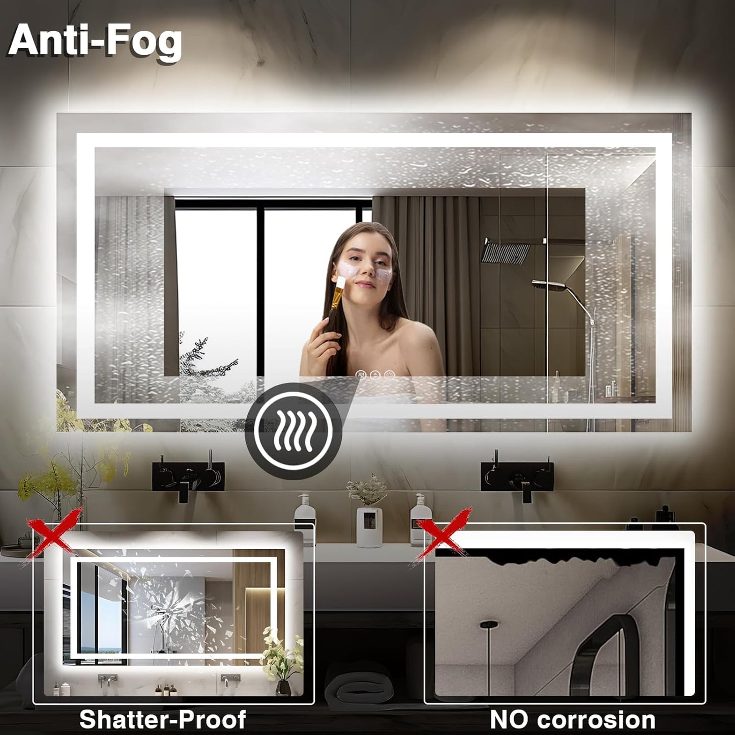 60"x28" LED Bathroom Mirror for Wall, Front and Backlit, Anti-Fog Vanity With Lights, Stepless Dimmable, 3 Colors Smart (Horizontal/Vertical)