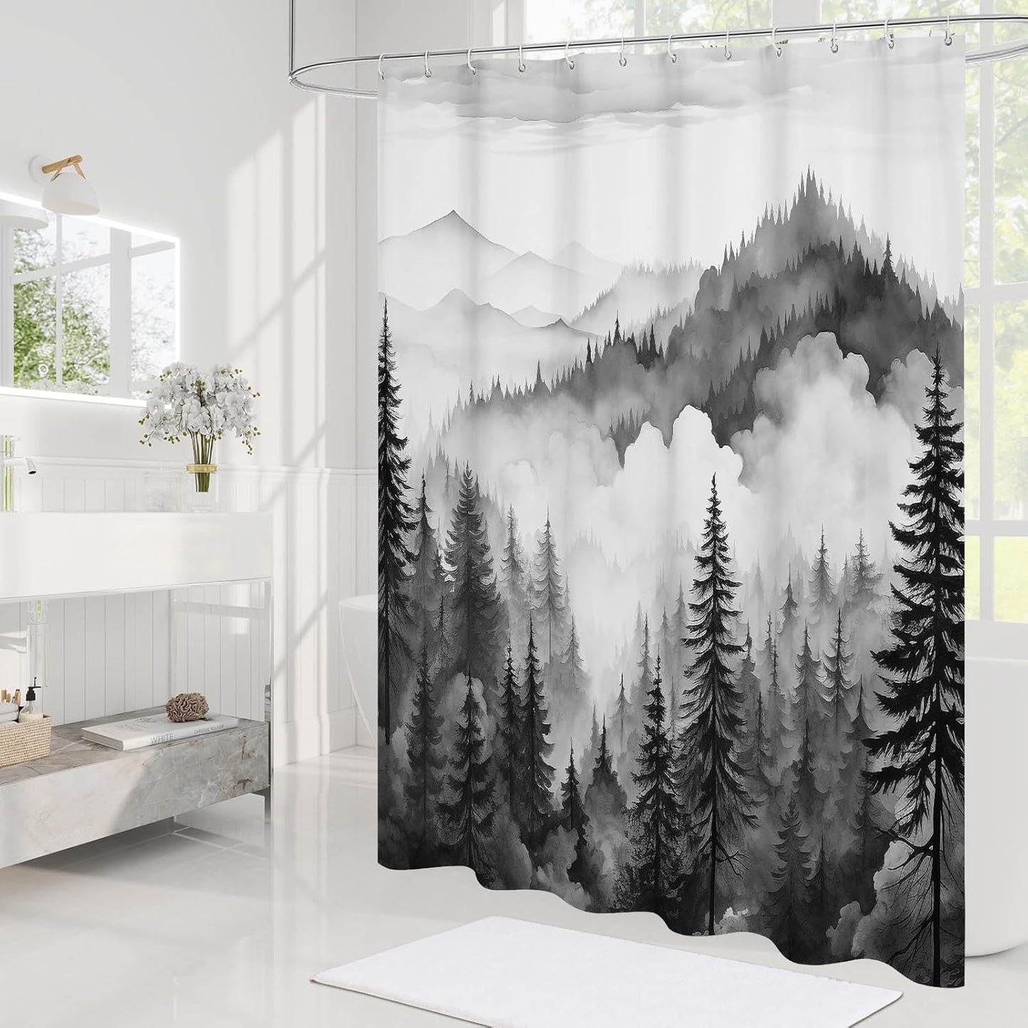 Black Extra Long Misty Pine Forest Shower Curtain 72 x 84, XL Mountain Foggy Woodland Scenery Tree Shower Curtains for Bathroom, Abstract Waterproof Nature-Themed Decor