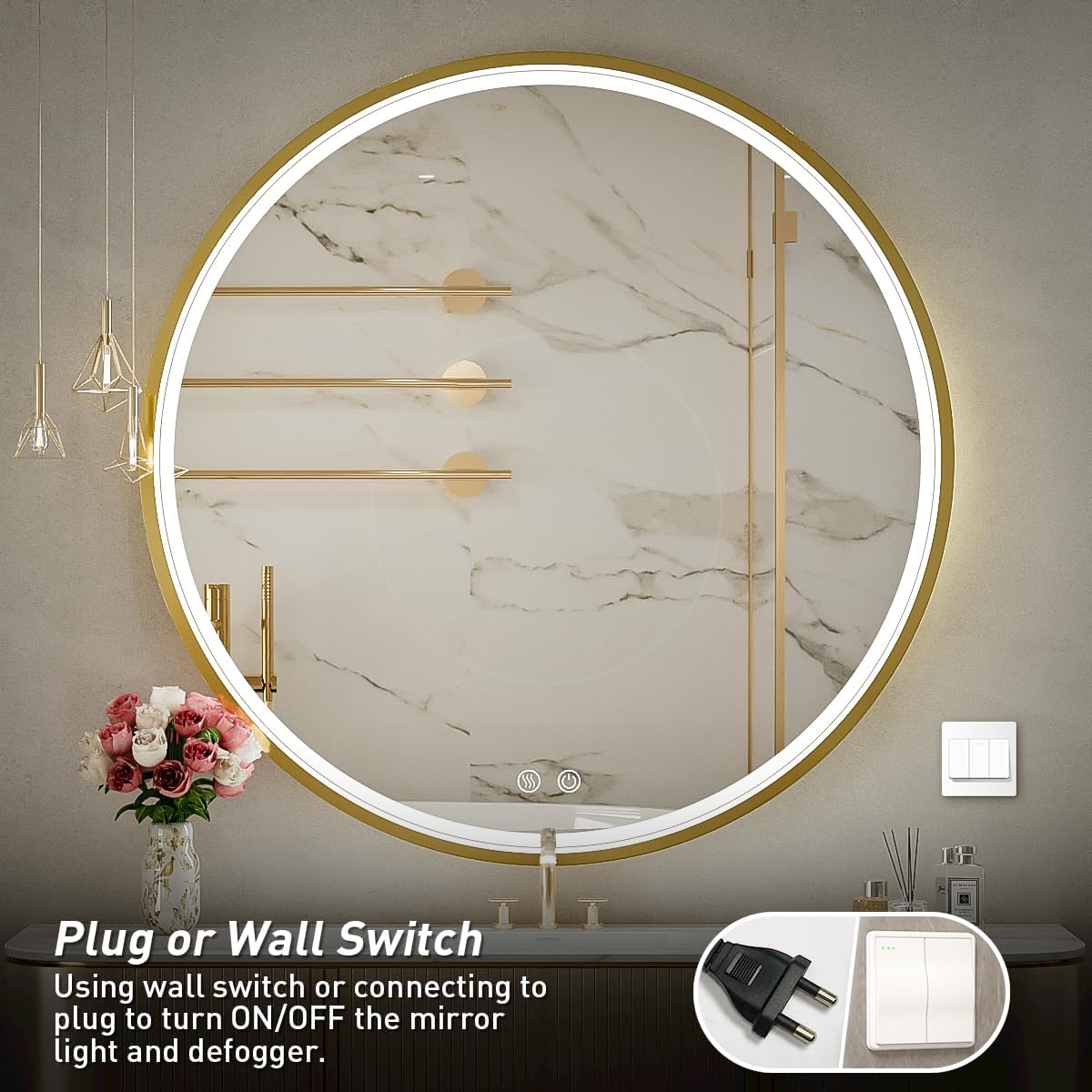 32" Round LED Bathroom Mirror, Dimmable Anti-Fog Vanity Mirror with Touch Control, 6000K Natural Light, Gold Metal Frame, Wall Mounted for Makeup Shaving (IP54, 90+ CRI)