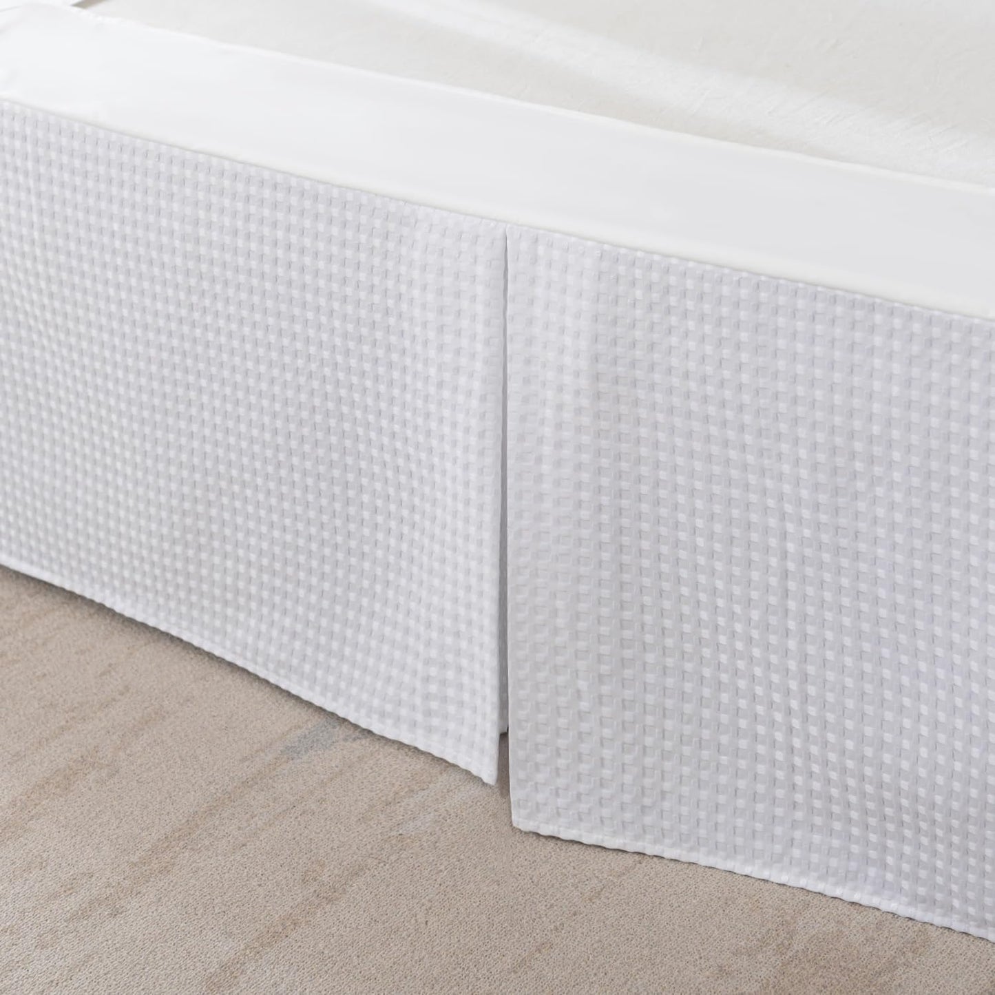 King Bed Skirt, Wrap Around Bed Skirt with Pleated Corner, 14 Inch Drop Pleated Waffle Weave Bedskirts, Anti-Slip, Microfiber, White, 14'' King