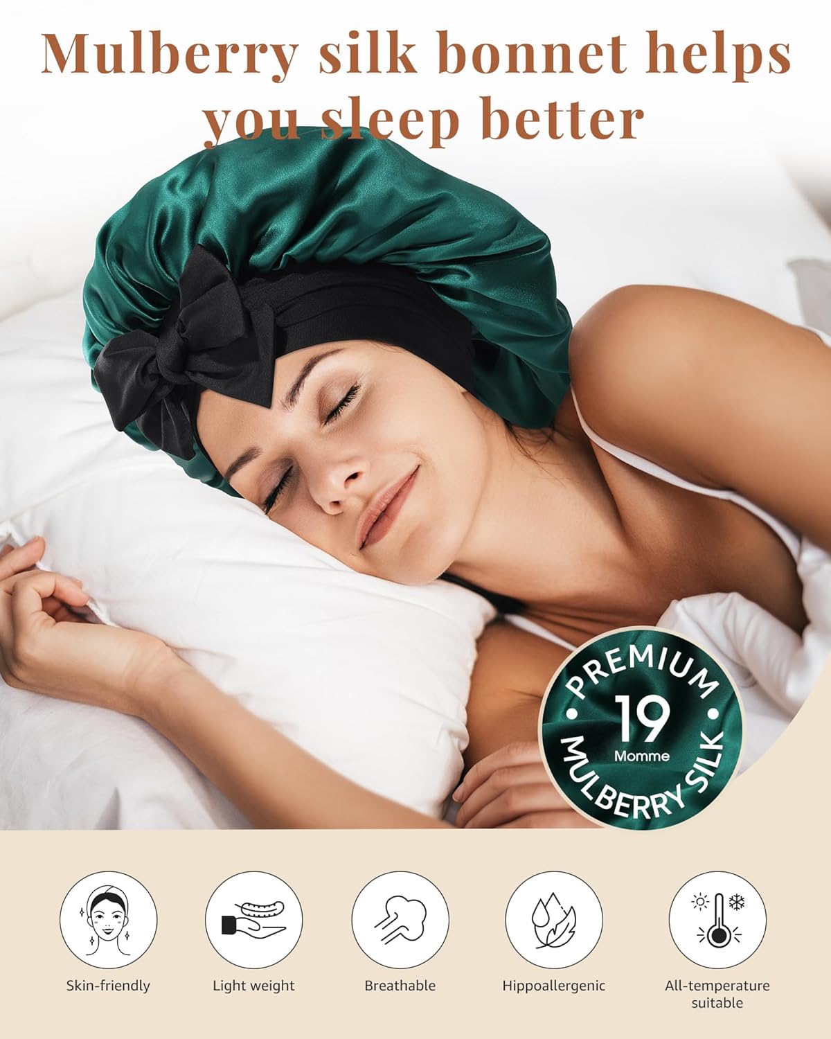 AWAYTR Silk Bonnet for Sleeping Women 100% Mulberry Silk Bonnet with Band 2 Layer Reversible Hair Bonnet Sleeping Hair Wrap (Silk, Black/Green)