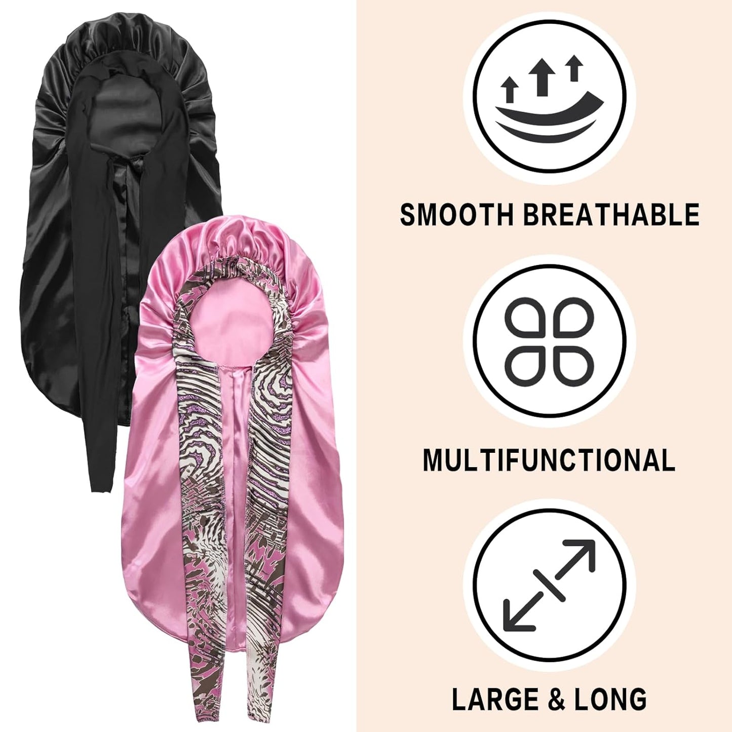 2Pcs Bonnets for Black Women Braid Bonnet, Large Long Satin Silk Bonnet for Braids,Black Women Braid Bonnet with Stretchy Tie Band for Sleeping Extra Long (Black & Pink Pattern)