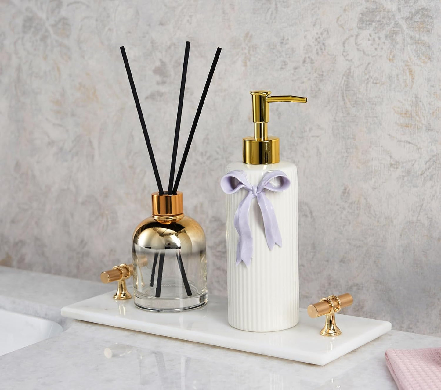 Handmade Ceramic Bow Soap Pump Dispenser Hand Lotion Liquid Dispenser Refillable for Kitchen and Bathroom Decorative (Ribbon Lavender)
