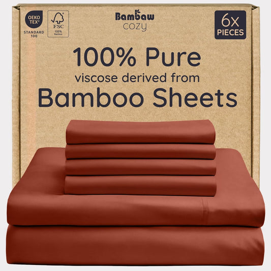 Bambaw 100% Viscose Derived from Bamboo Sheets Queen Size – 6pcs Queen Sheet Set Cooling Sheets, Fits Up to 16'' with Elastic Corner Straps, Breathable & Super Soft Bedding Set (Terracotta)