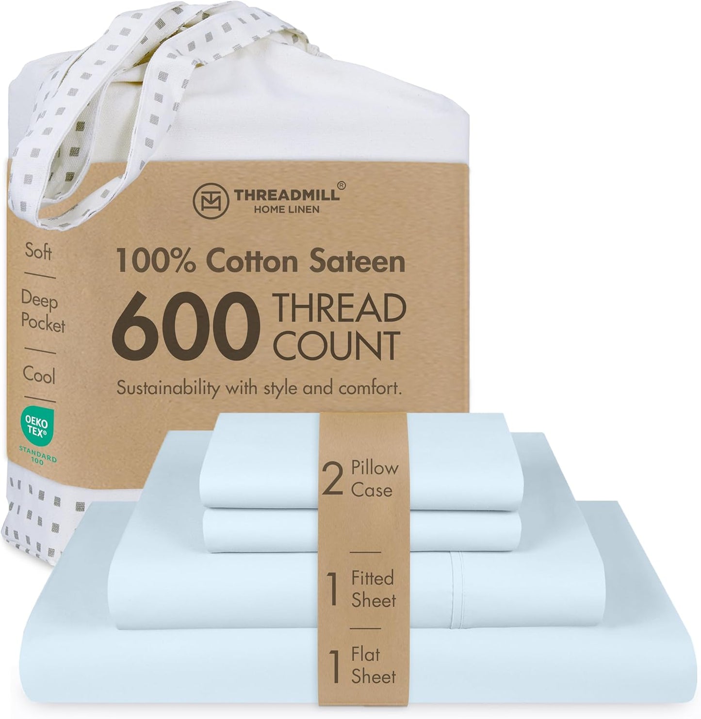 Threadmill 100% Cotton Sheets for Queen Size Bed - 600 Thread Count Queen Bed Sheets Set with 16” Deep Pocket - Sateen Weave 4-Piece Bedding Set with Cooling Effect, Blue