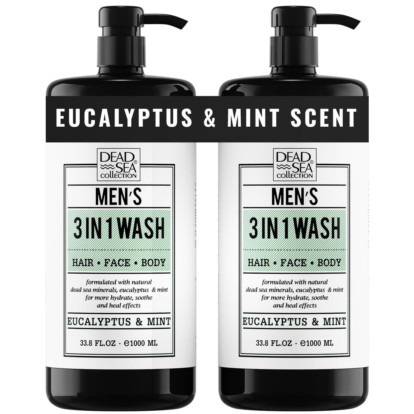 Dead Sea Collection Mens Body Wash 3 in 1 – Eucalyptus Body Wash for Men – Shower Gel – Shampoo – Shower Soap for Face and Hair – Pack of 2 Bottles (33.8 Fl. Oz. Each)