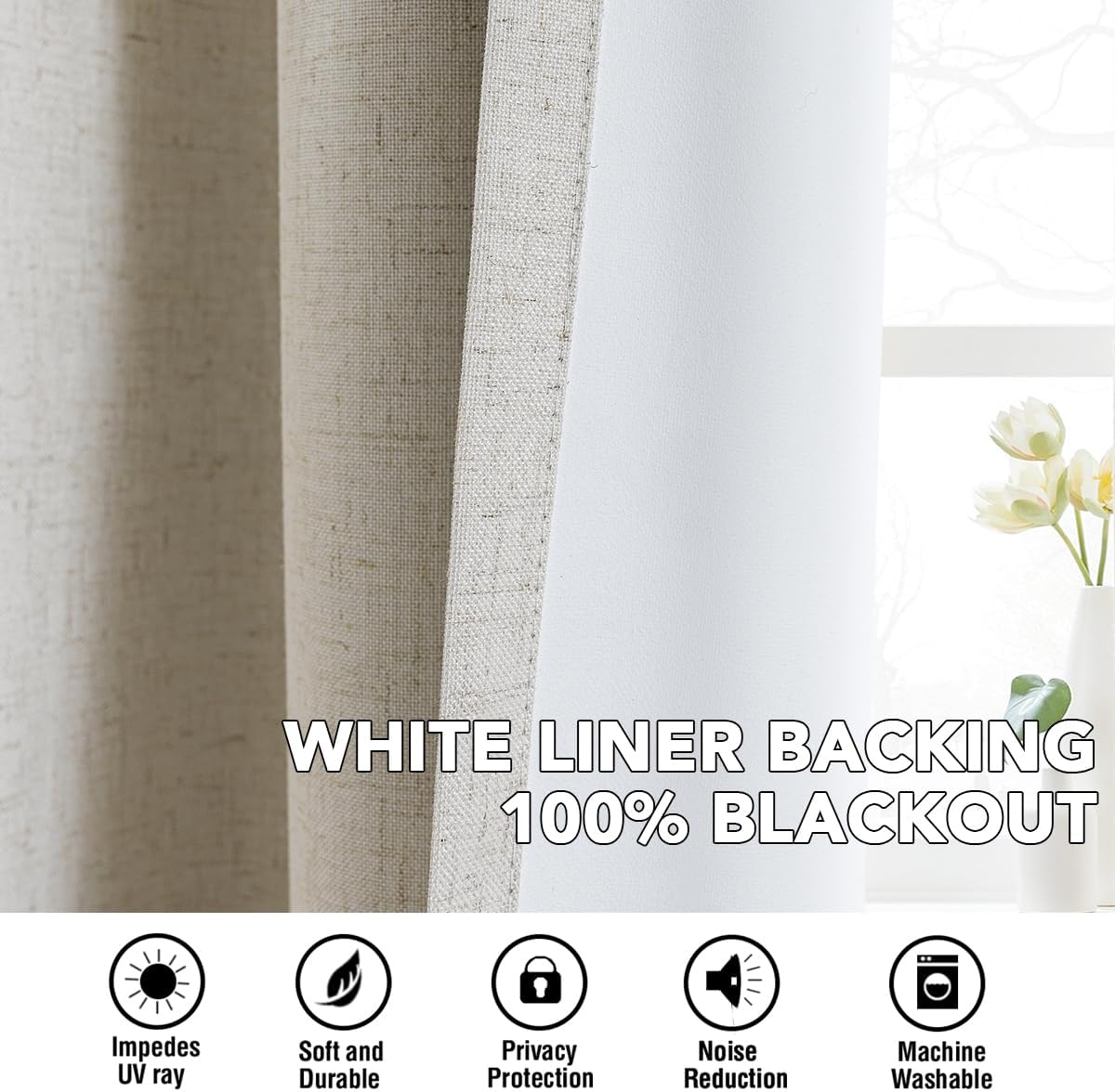 H.VERSAILTEX Linen Curtains 100% Blackout Curtains for Bedroom 96 inch Long Full Light Blocking Nature Linen Blended Window Curtains for Living Room Nickel Grommet (2 Panels, Heathered Linen)