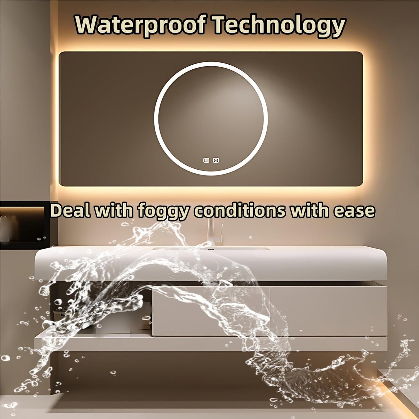 72IN Bathroom Vanity with Sink - Bathroom Cabinet Set has 2 Drawers & Overflow Hole Wall Mounted | LED Practical Defogging Mirror, Open Compartments, Seamless Rock Slab Basin (Cream White)