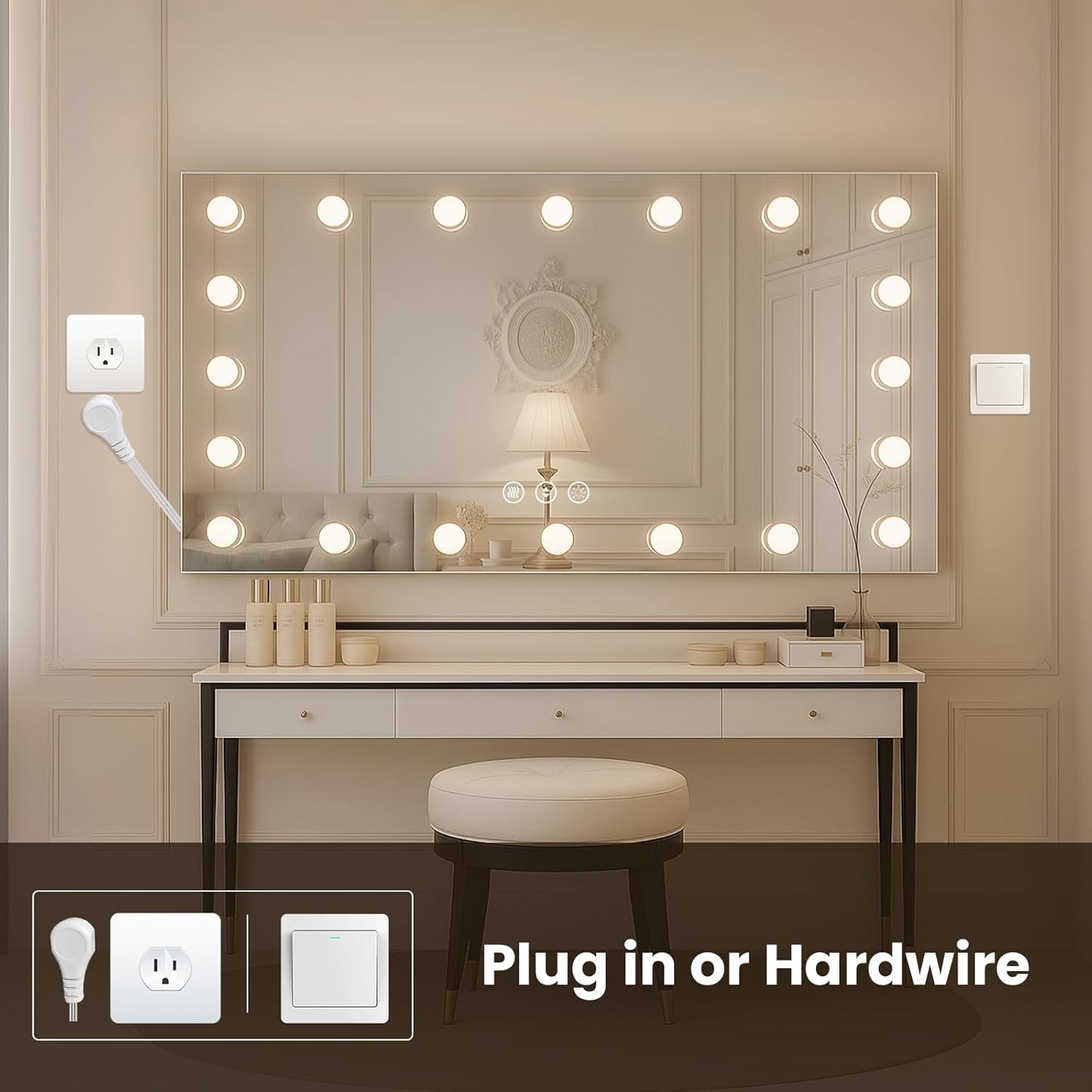 WTTY LED Bathroom Mirror with Lights 40"x24" Hollywood Wall-Mounted Mirror with 3 Color Temperatures, Stepless Dimmable Bulbs, Anti-Fog & Shatter-Proof