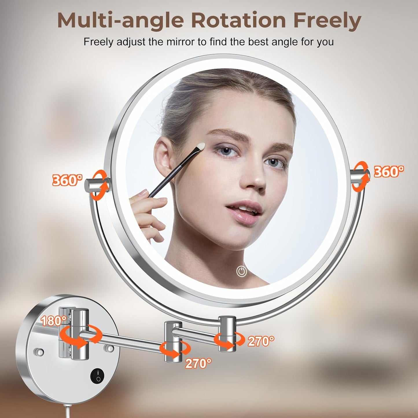 Rocollos 9" Plug-in Wall Mounted Lighted Makeup Mirror 1X/10X Magnification, Super Large Double Sided LED Vanity Mirror for Bathroom, 3 Color Dimmable 360°Swivel Extendable Shaving Cosmetic Mirror
