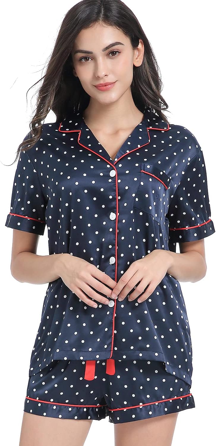 Women's Satin Pajama Set 2-Piece Sleepwear Loungewear Button Down Short Sleeve Silky PJ Set