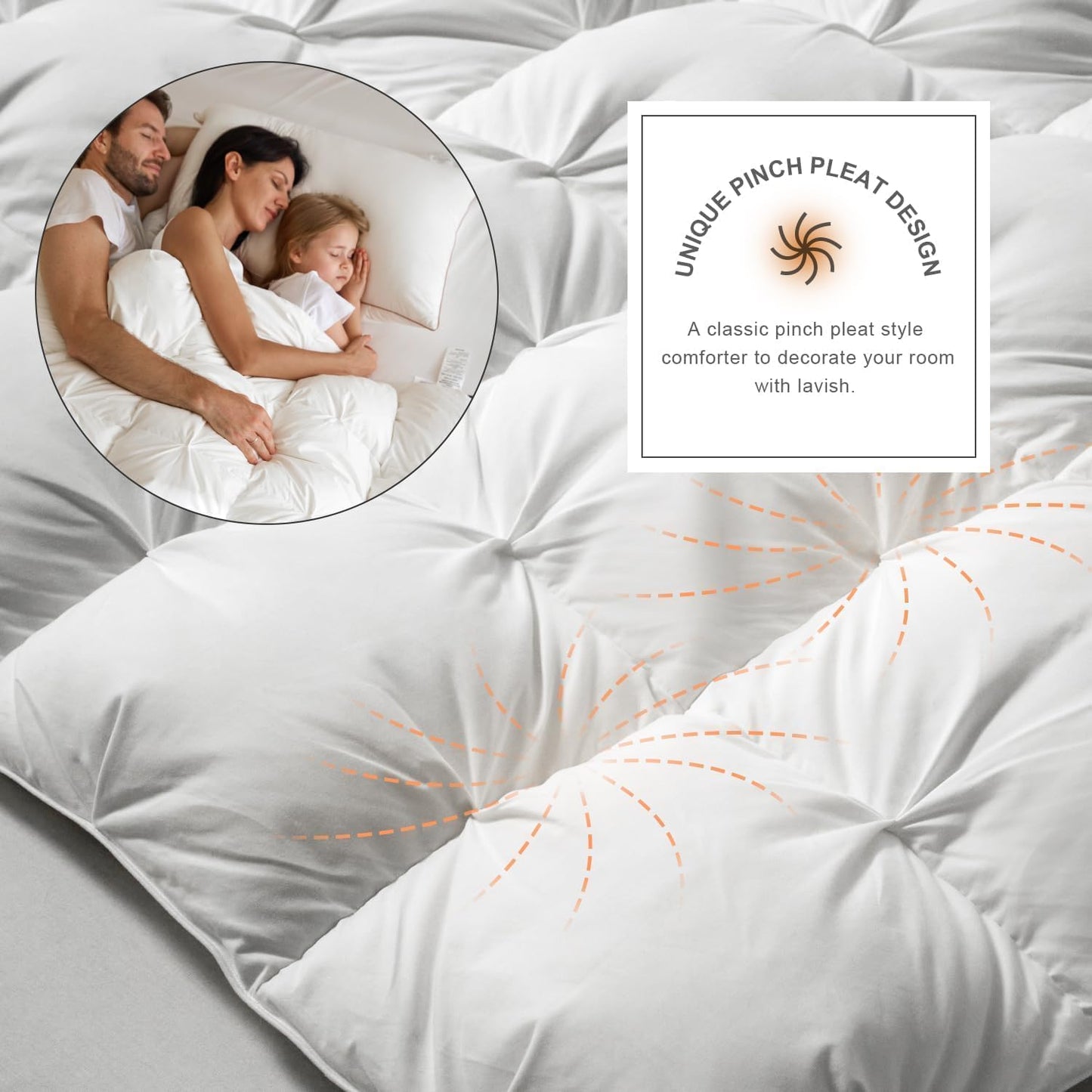 Royoliving Premium Pinch Pleat Feathers Down Comforter King Size White 100% Cotton Cover All Season Duvet Insert with Corner Tabs (106x90, 70 oz)