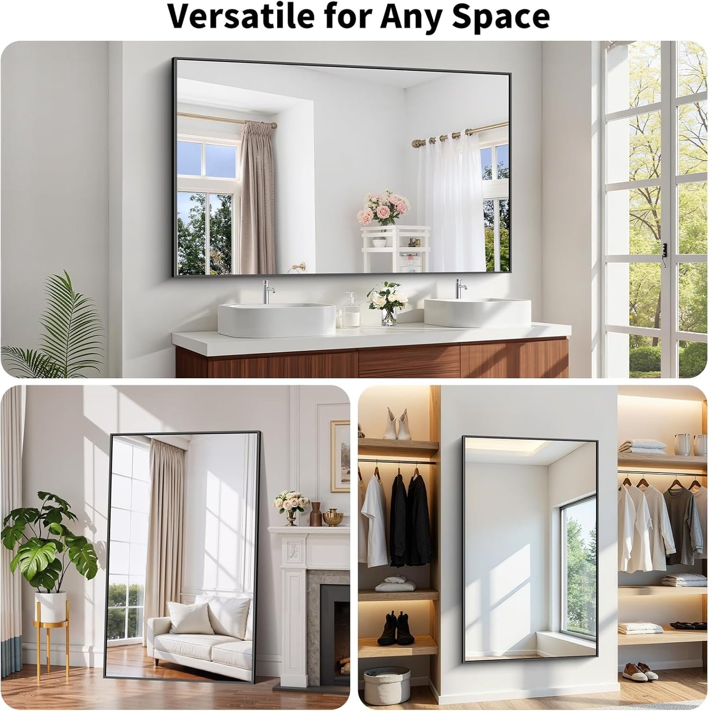 Koonmi Black Framed Bathroom Mirror - Shatterproof 36"x60" Tempered Glass, HD No Distortion, Horizontal/Vertical Mount, Modern Matte Aluminum Alloy Frame