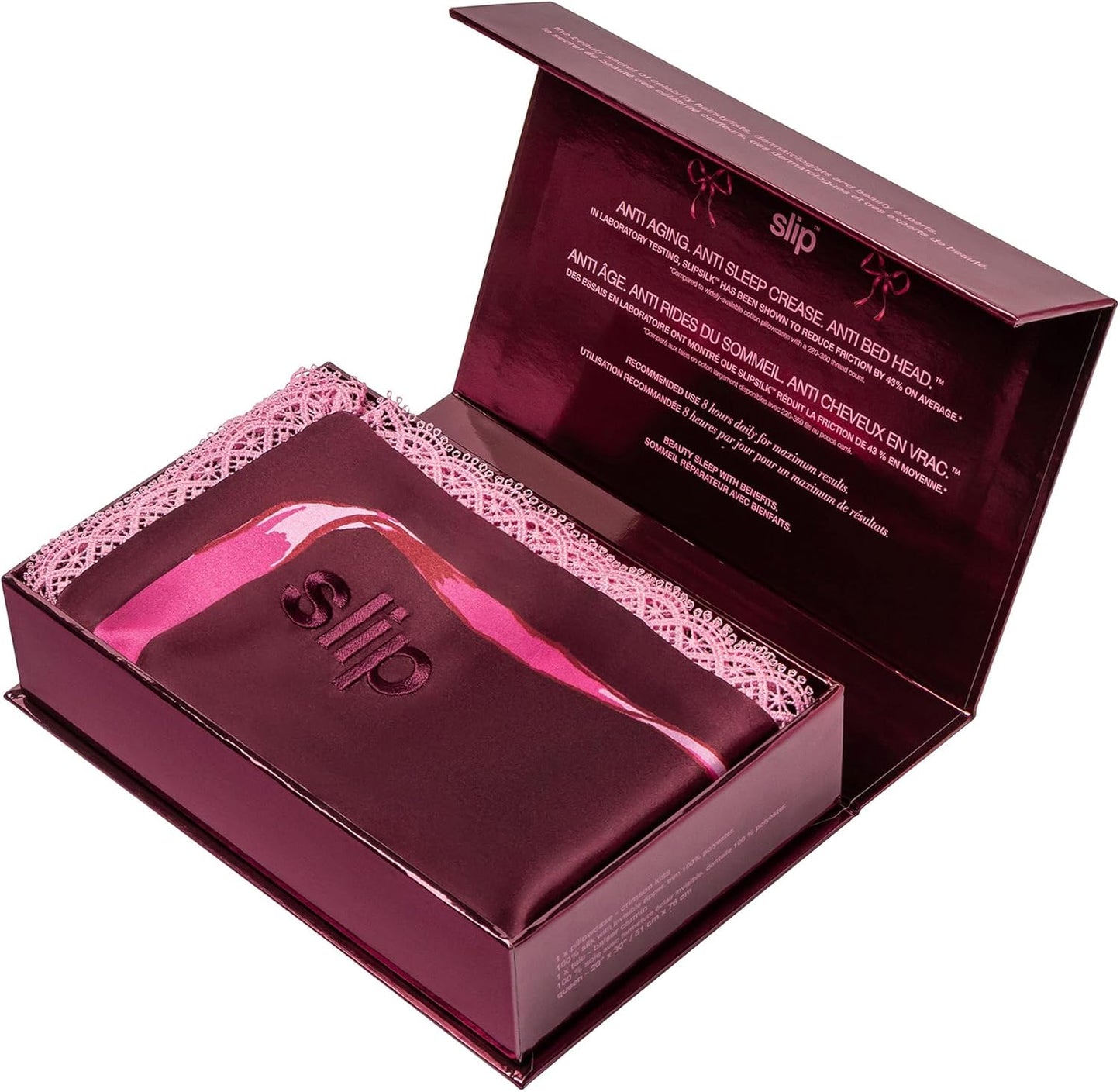 slip Queen Silk Pillowcase – Crimson Kiss Limited Edition with Lace Trim – 100% Pure Mulberry Slipsilk™ – Anti-Frizz, Anti-Aging, Invisible Zipper Closure