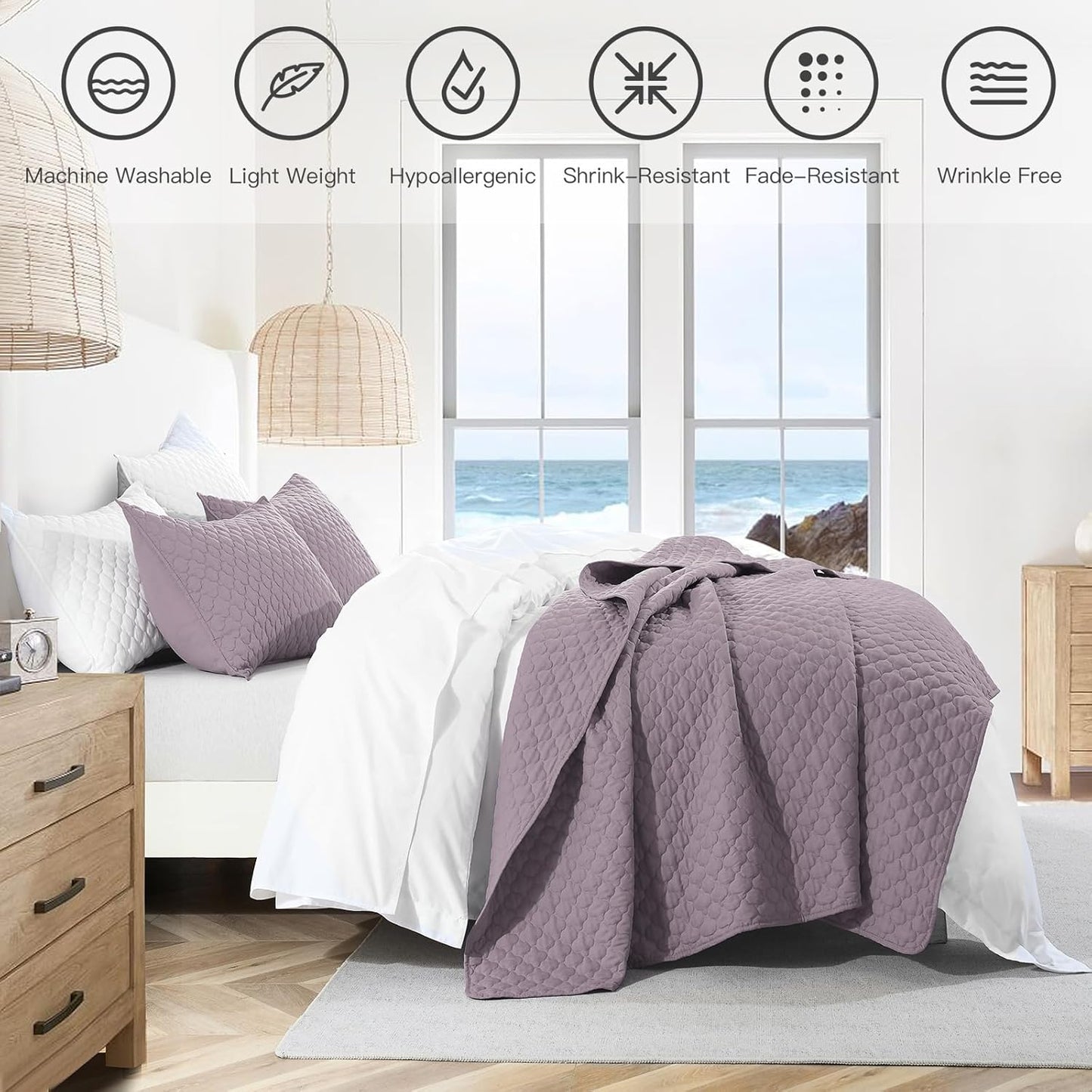 HORIMOTE HOME Quilt Queen Size Grayish Purple, Lightweight Quilt for Summer Ultra-Soft Microfiber Modern Style Quilted Clouds Pattern Bedspread Quit Set 3 Pieces(1 Quilt and 2 Pillow Shams)