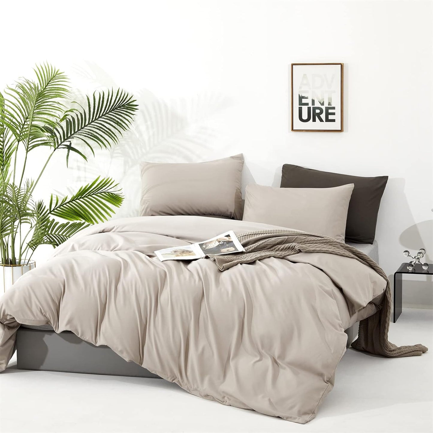 Cottonight Beige Comforter Set Queen Cream Khaki Bedding Comforter Full Oatmeal Solid Blanket Quilts Modern Soft Breathable Beige Taupe Color 3 Piece Bedding Set