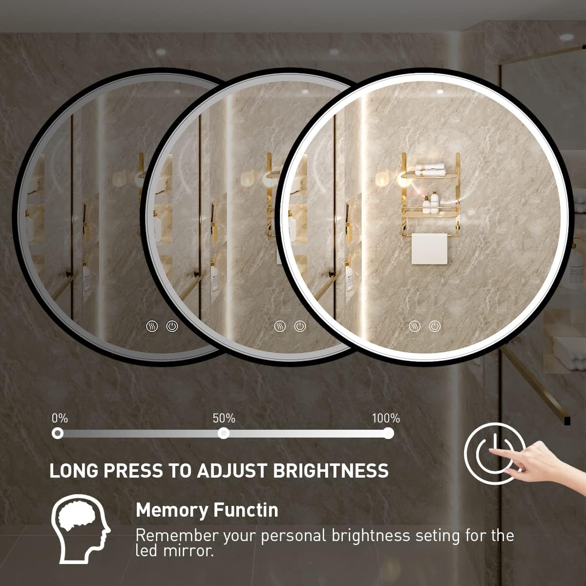 28" Round LED Bathroom Mirror, Dimmable Anti-Fog Vanity Mirror with Touch Control, 6000K Natural Light, Black Metal Frame, Wall Mounted for Makeup Shaving (IP54, 90+ CRI)