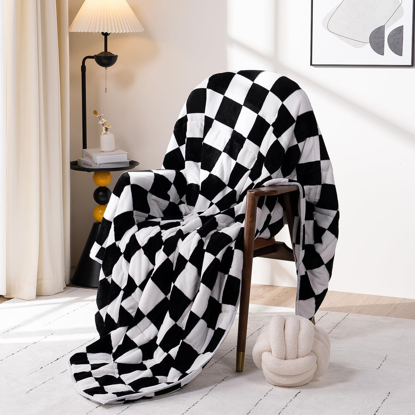 Wemore Flannel Fleece Weighted Blanket for Adult Queen Size 15 lbs, Dual Sided Luxurious Checkerboard Grid Heavy Blankets, Ultra Soft Throw Blanket, Plaid Black, 60 x 80 inches