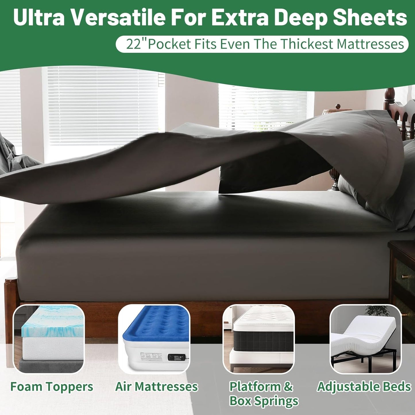Extra Deep Pocket King Sheets 18-24 Inch 1000 Thread Count 100% Egyptian Cotton Sateen Weave Soft Breathable 4 Pieces（King，Dark Grey）