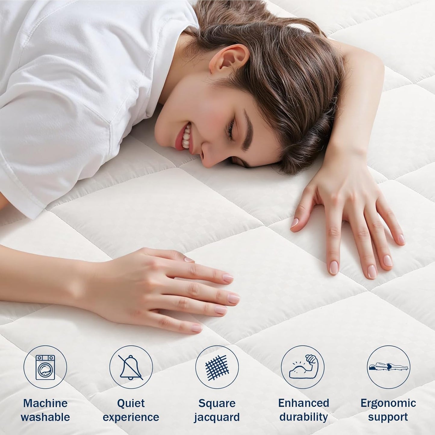OLANLY Queen Quilted Fitted Mattress Pad – Soft Down Alternative Pillow Top Mattress Topper, Cooling Comfort Breathable Mattress Cover, Machine Washable Deep Pocket Mattress Protector, Off White