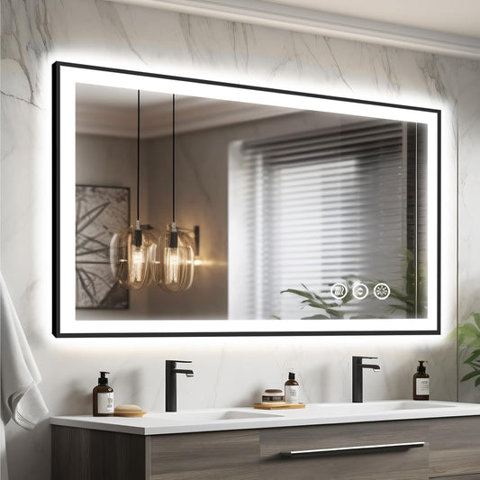 48x32 LED Mirror for Bathroom, Black Metal Framed, Vanity Mirror with Lights, 3 Color Modes, Dimmable CRI90+, Double Lights, Anti-Fog, Shatter-Proof, Waterproof, Memory (Horizontal/Vertical)