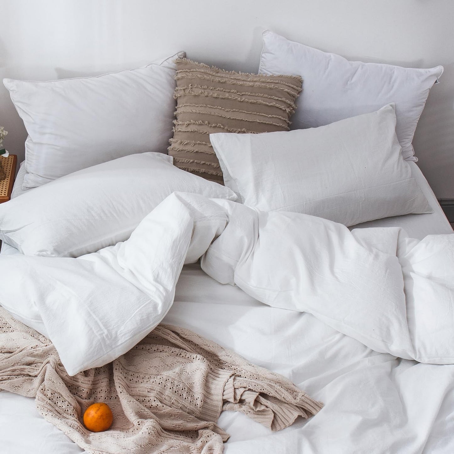MooMee Bedding Duvet Cover Set 100% Washed Cotton Linen Like Textured Breathable Durable Soft Comfy (Solid Off White, Twin 68"x90")