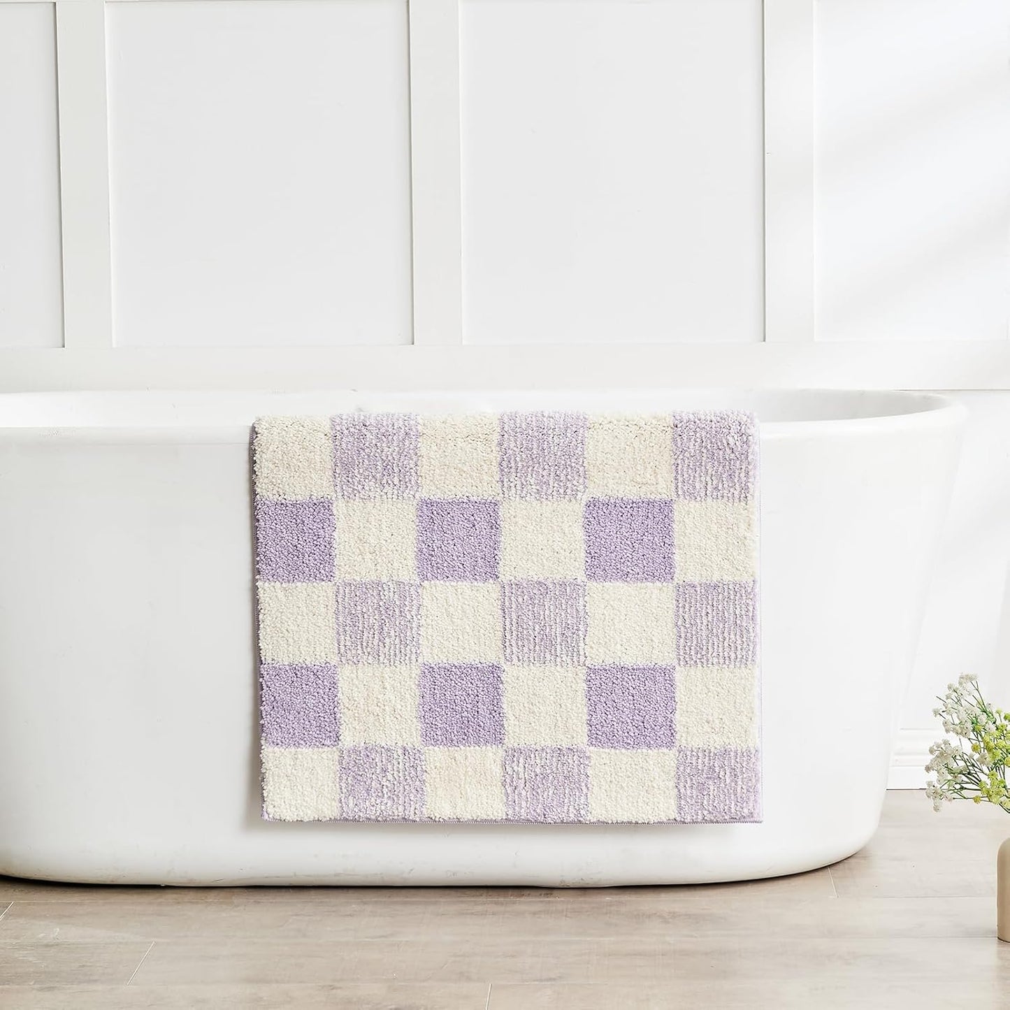 CozeCube Bath mats for Bathroom Non Slip, Fluffy Absorbent Microfiber Bath mat Washable, Aesthetic Bathroom Rugs, Cute Purple Checkered Bath mat, Lavender, 32" x 20"