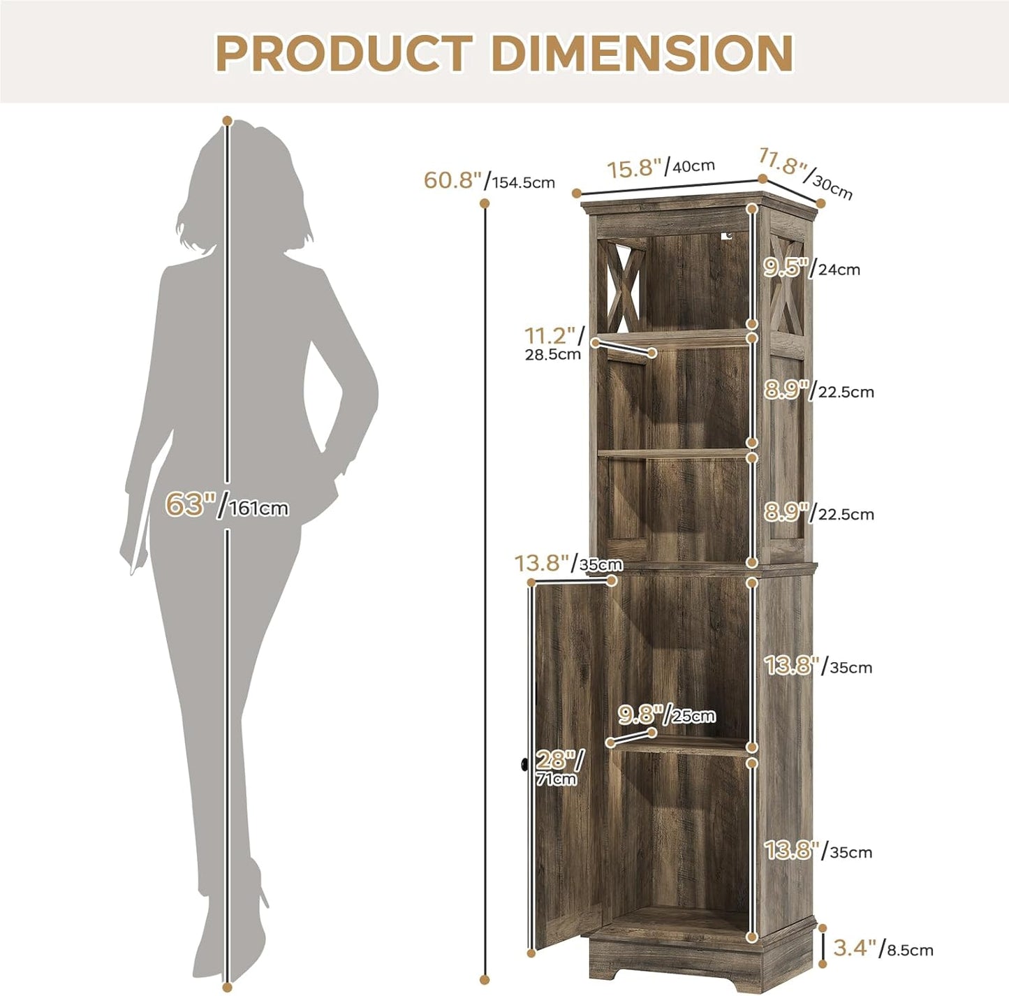 Tall Bathroom Storage Cabinet with Door and Open Adjustable Shelves, 60.9" H Wooden Tower Corner Narrow Farmhouse Cabinet, Freestanding Organizer for Kitchen, Entryway Grey