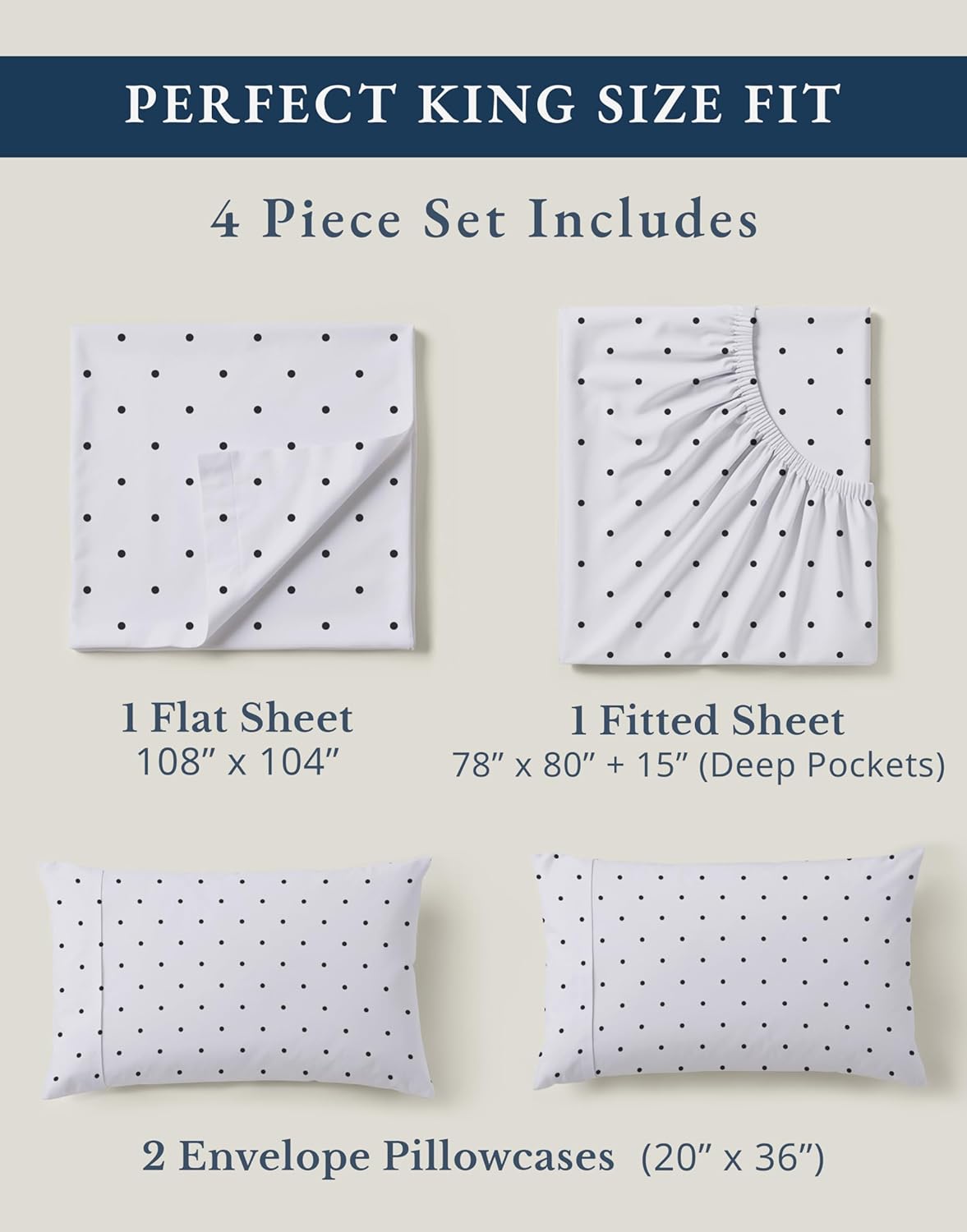 LANE LINEN 100% Organic Cotton Printed King Size Bed Sheets Machine Washable Fully Elasticized Low Pill Fade Resistant Cotton Sheets, Soft & Comfy Percale Eco Friendly sábanas King- Black Polka Dot