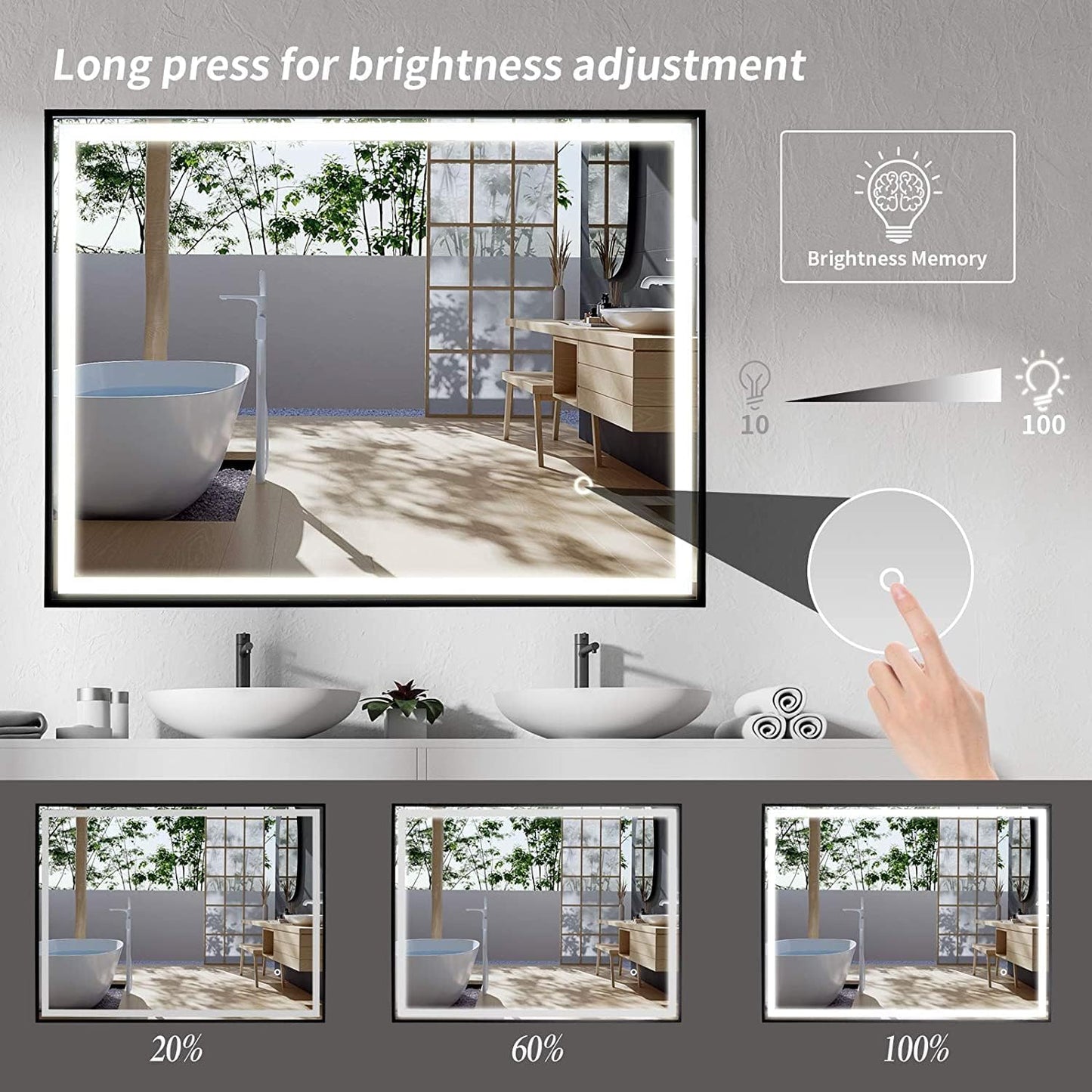 24"x 40" LED Bathroom Mirror with Black Frame, Stepless Dimmable, Anti-Fog, Shatter-Proof, Memory, 3 Colors, LED Vanity Mirror