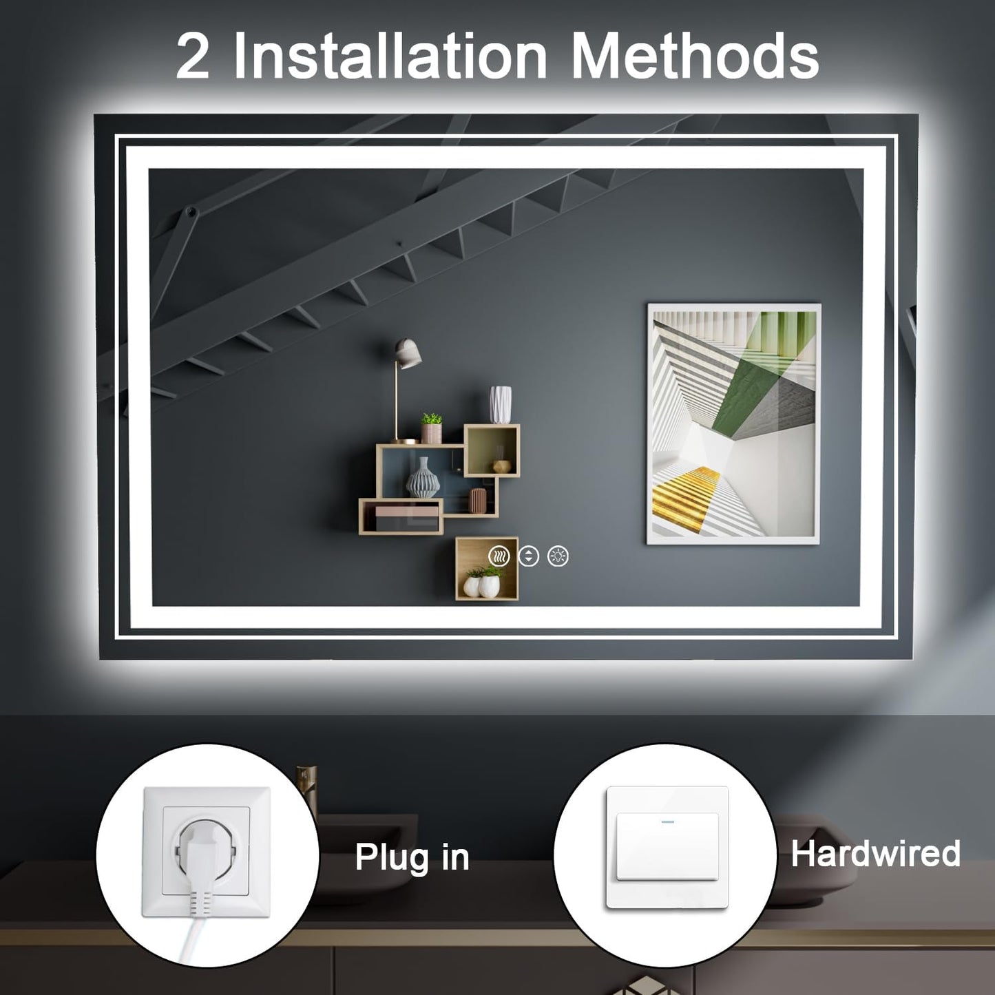 LED Bathroom Mirror, 55"X36" with Front and Backlit, Anti-Fog, Large Bathroom Vanity Mirror for Wall, Memory Function, Stepless Dimmable, Tempered Glass (Horizontal/Vertical)