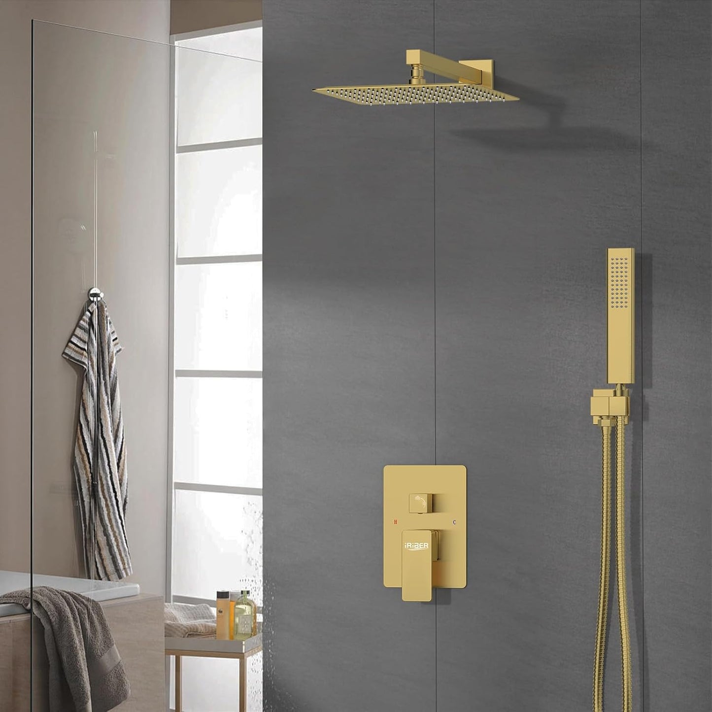 Iriber Brushed Gold Rain Shower System with 12 Inch Shower Head and Handheld shower Bathroom Wall Mounted Golden Shower Set Contain Shower Faucet Mixer Valve and Trim Kit (Valve Cartridge Included)
