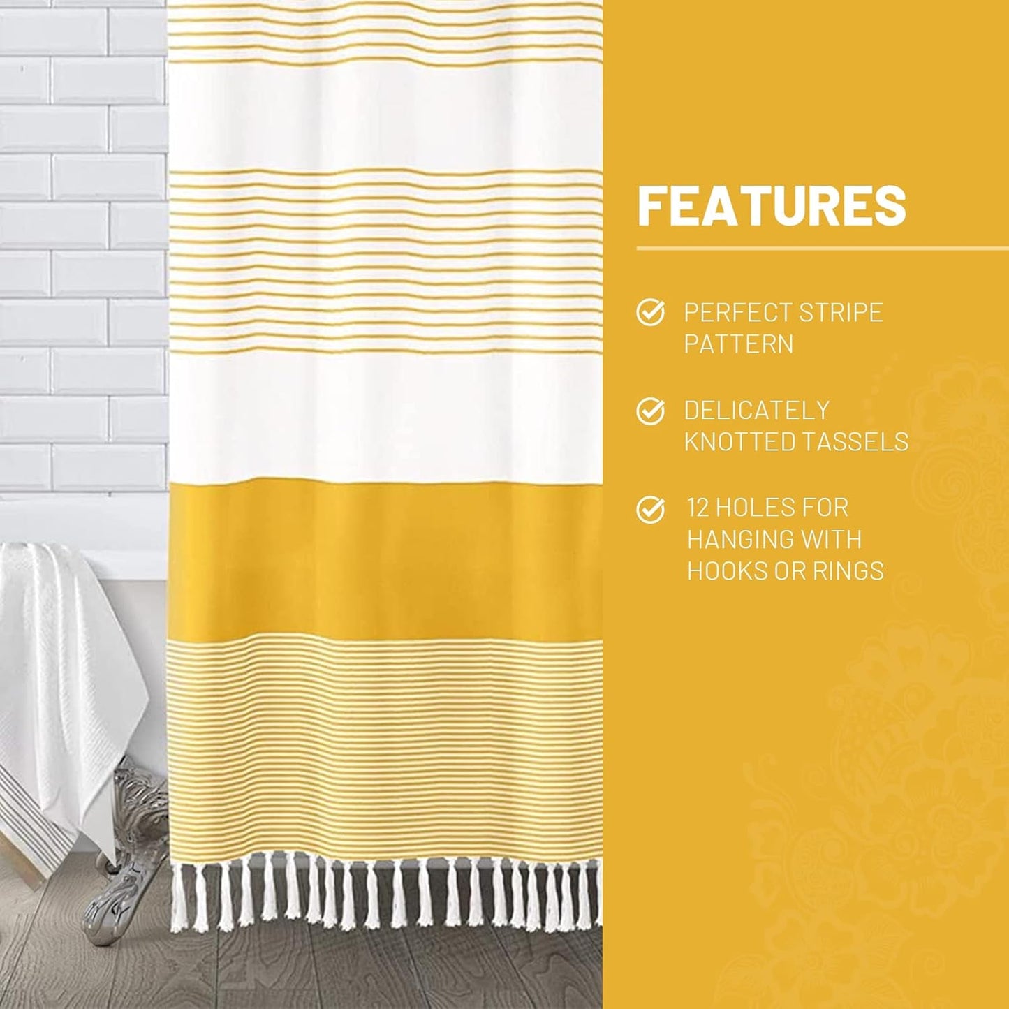 Awellife Boho Yellow Shower Curtain for Bathroom Farmhouse Cotton Stripe Tassel Shower Curtain Natural Texture 72" L x 54" W