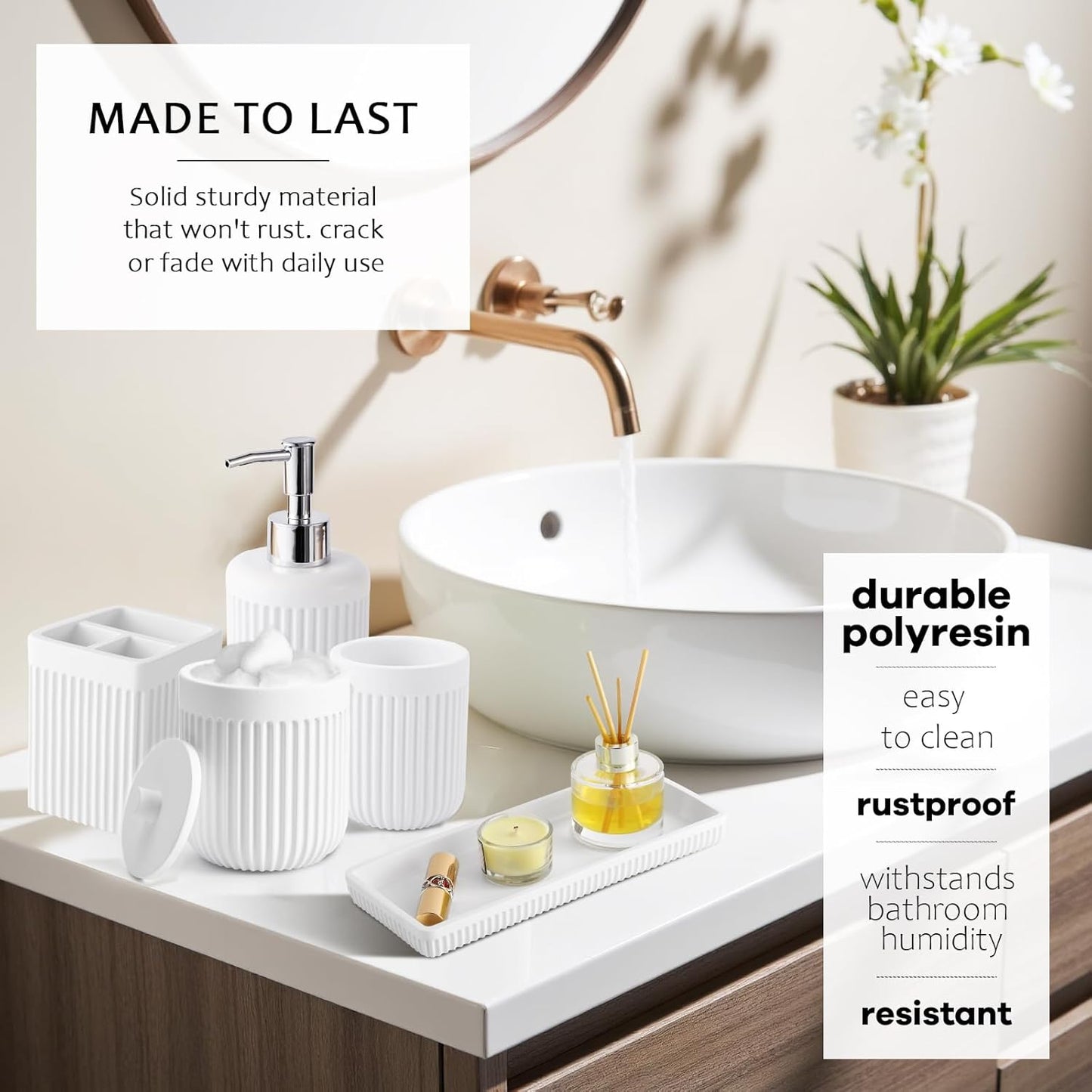 8-Piece White Bathroom Set - Resin Bathroom Accessories Sets Complete with Shower Curtain and Rugs, Soap Dispenser, Toothbrush Holder, Cup, Tray & Cotton Swab Jars