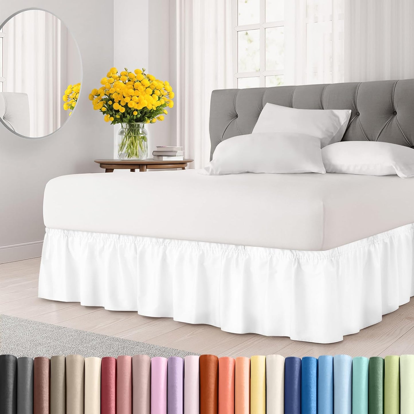 Wrap Around Dust Ruffle Bed Skirt - White - for Full Size Beds with 18 Inch Drop - Easy Fit Elastic Strap - Adjustable Pleated Bedskirt w/Brushed Fabric - Wrinkle Free - for Women, Men, Kids & Teens